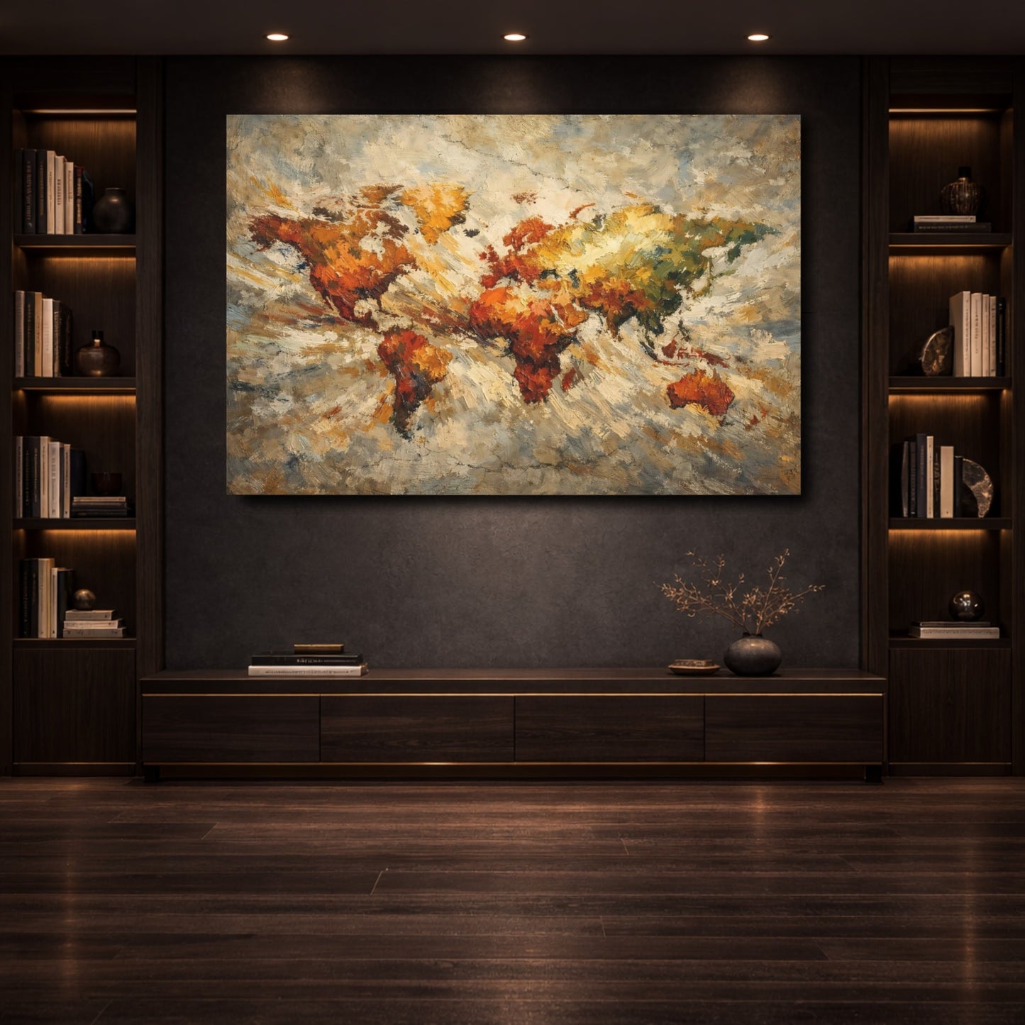 Mockup 3. Maps World Map Earthy World Map shown as stretched canvas wall art