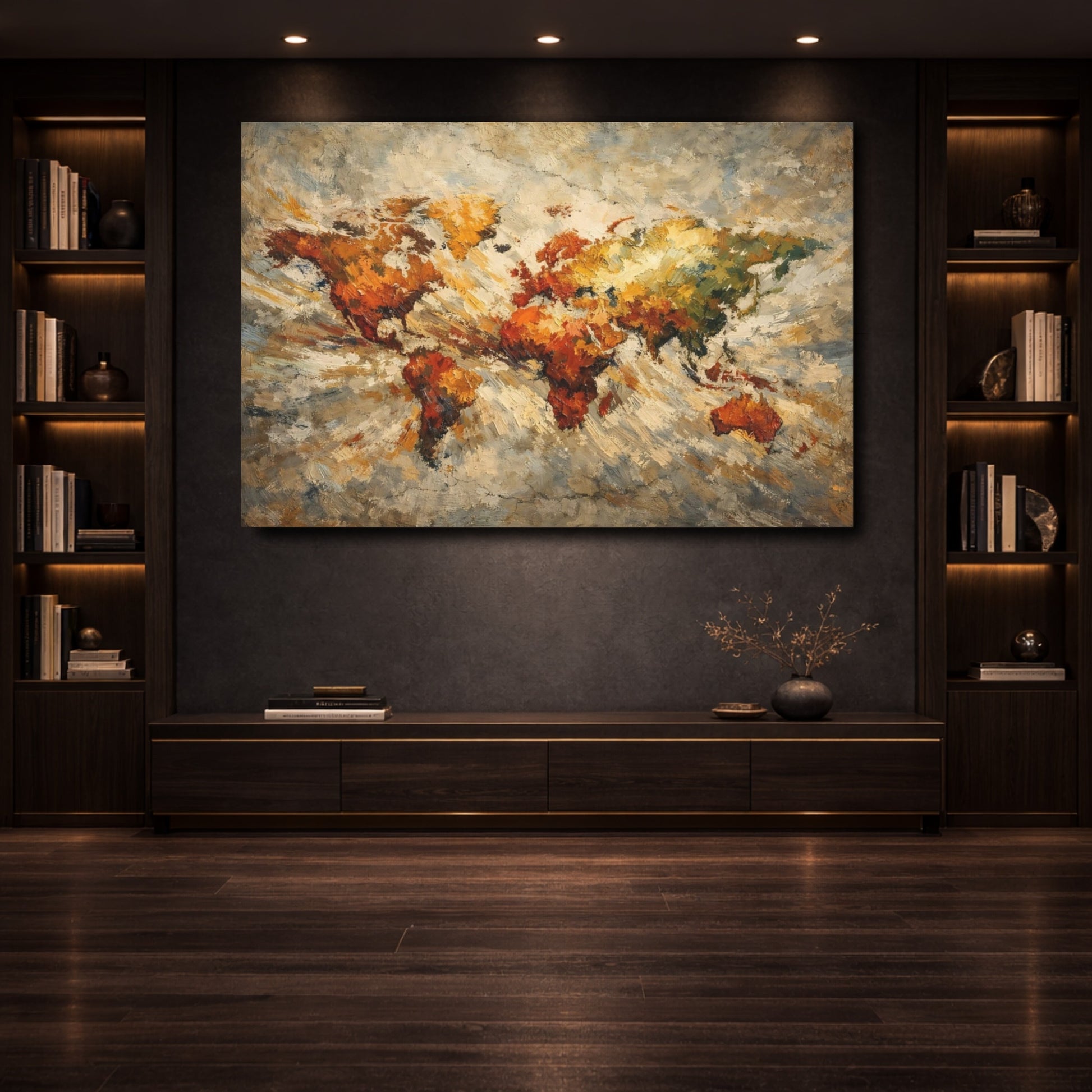 Mockup 3. Maps World Map Earthy World Map shown as stretched canvas wall art