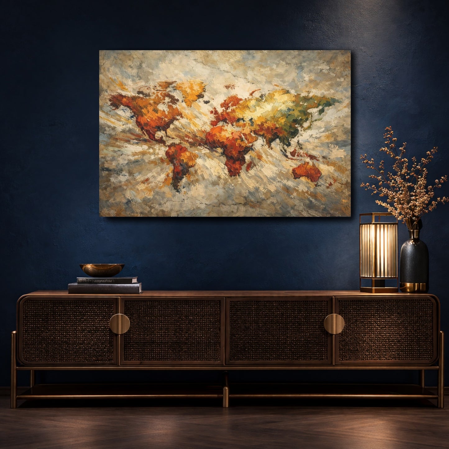 Mockup 4. Maps World Map Earthy World Map shown as stretched canvas wall art