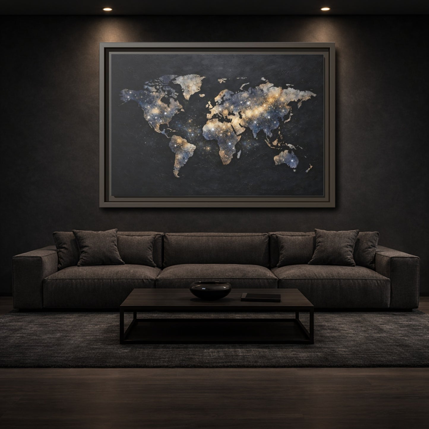 Mockup 2. Maps World Map Galaxy World Map shown as stretched canvas wall art