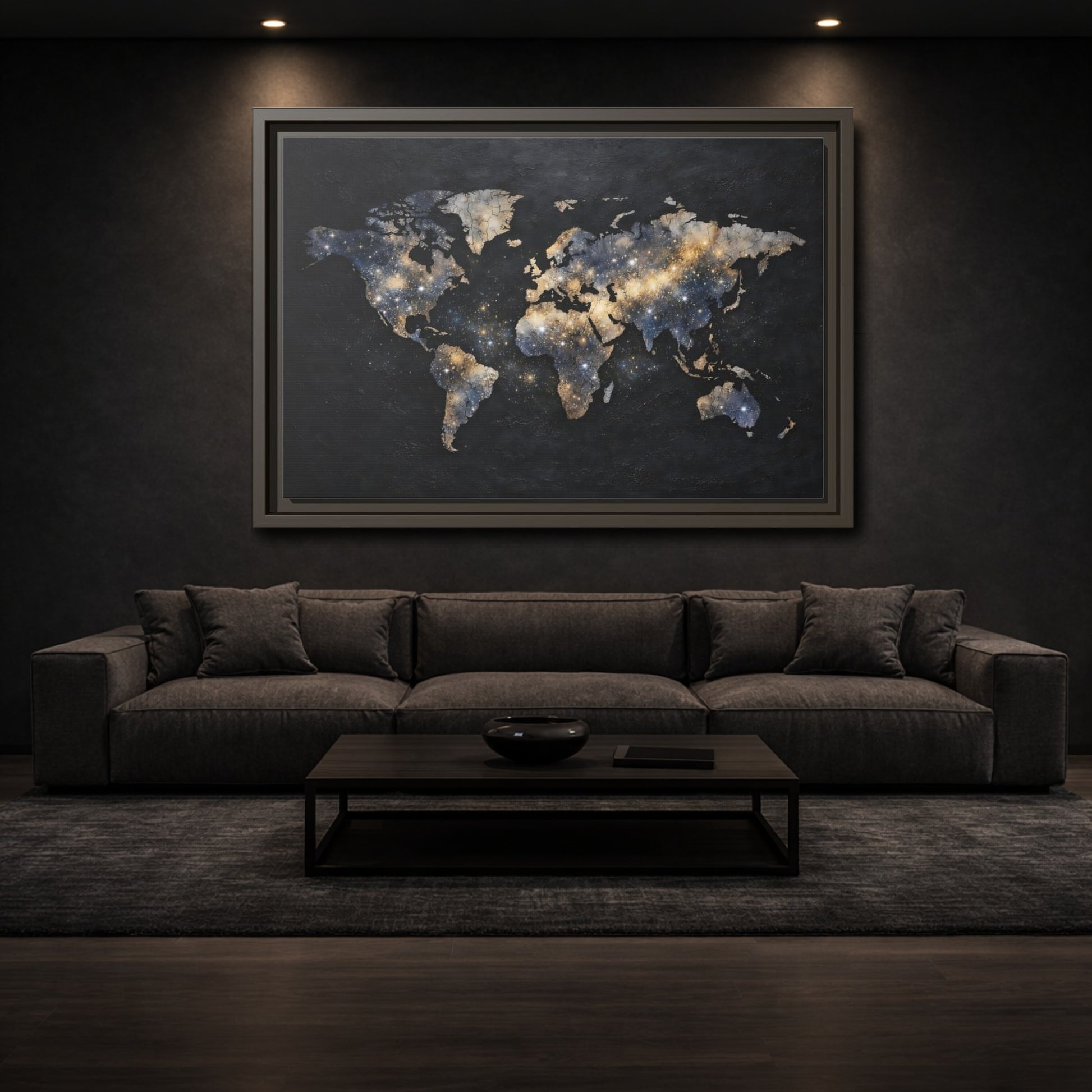 Mockup 2. Maps World Map Galaxy World Map shown as stretched canvas wall art