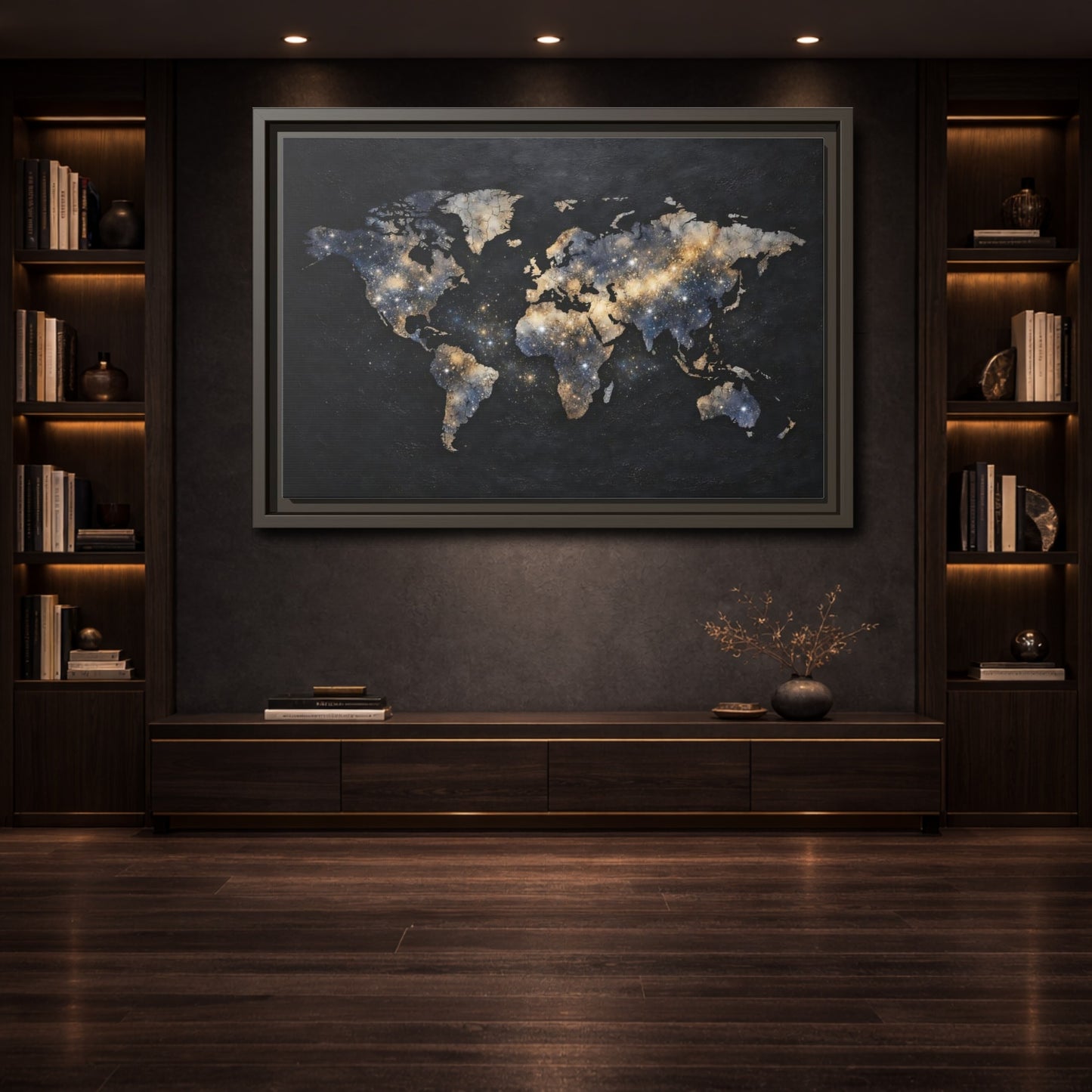 Mockup 3. Maps World Map Galaxy World Map shown as stretched canvas wall art