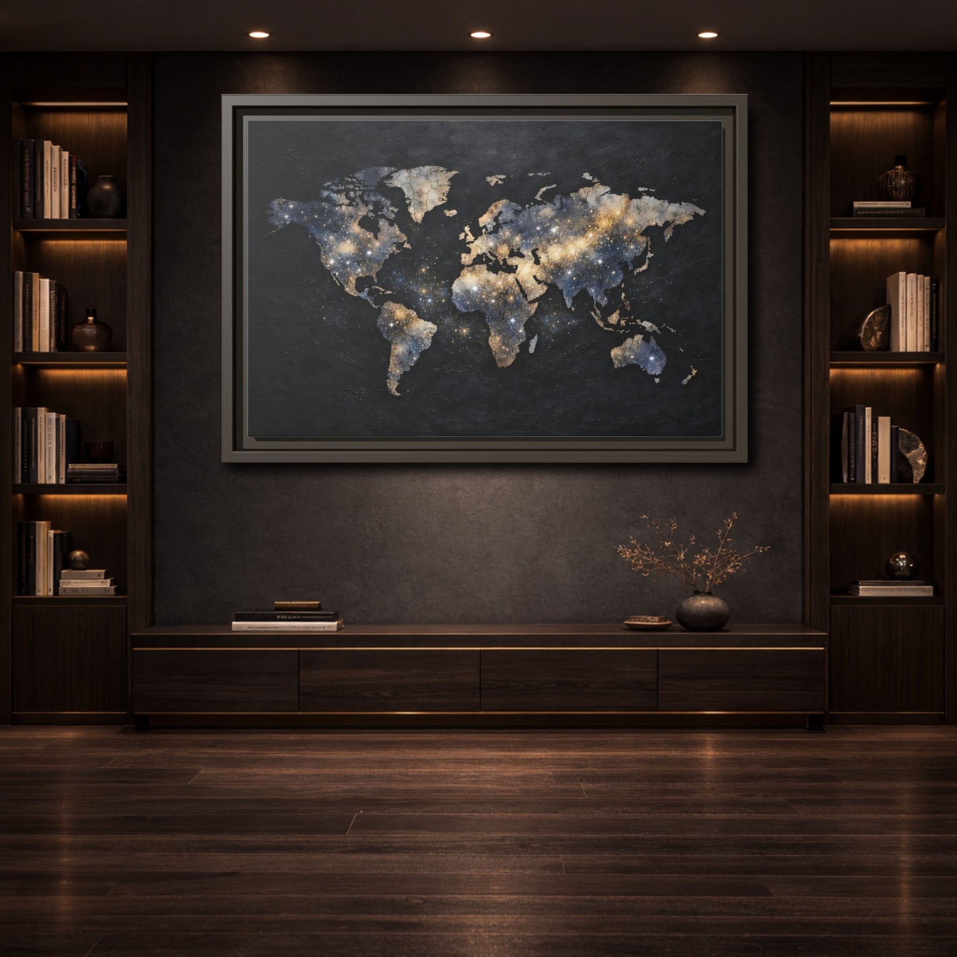 Mockup 3. Maps World Map Galaxy World Map shown as stretched canvas wall art