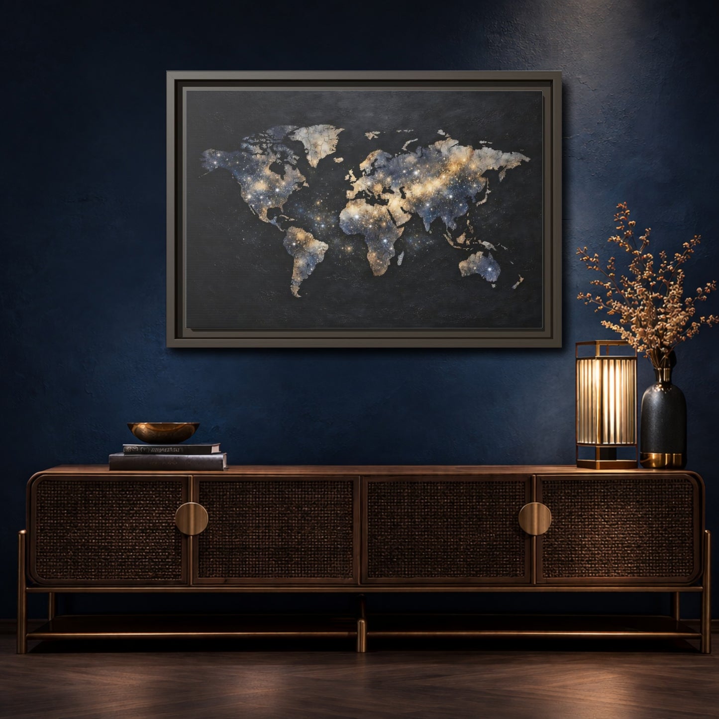 Mockup 4. Maps World Map Galaxy World Map shown as stretched canvas wall art