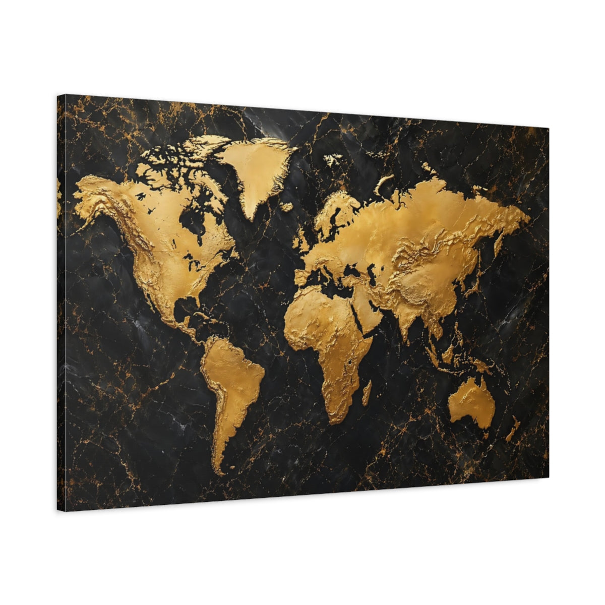 Main Mockup. Maps World Map Gold And Black shown as stretched canvas wall art
