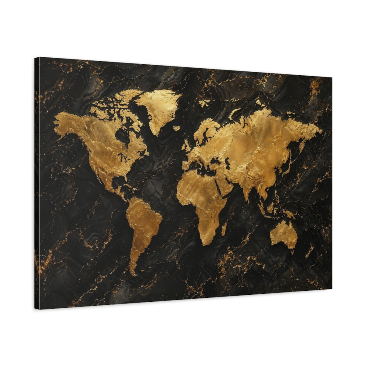 Main Mockup. Maps World Map Gold And Black Map shown as stretched canvas wall art