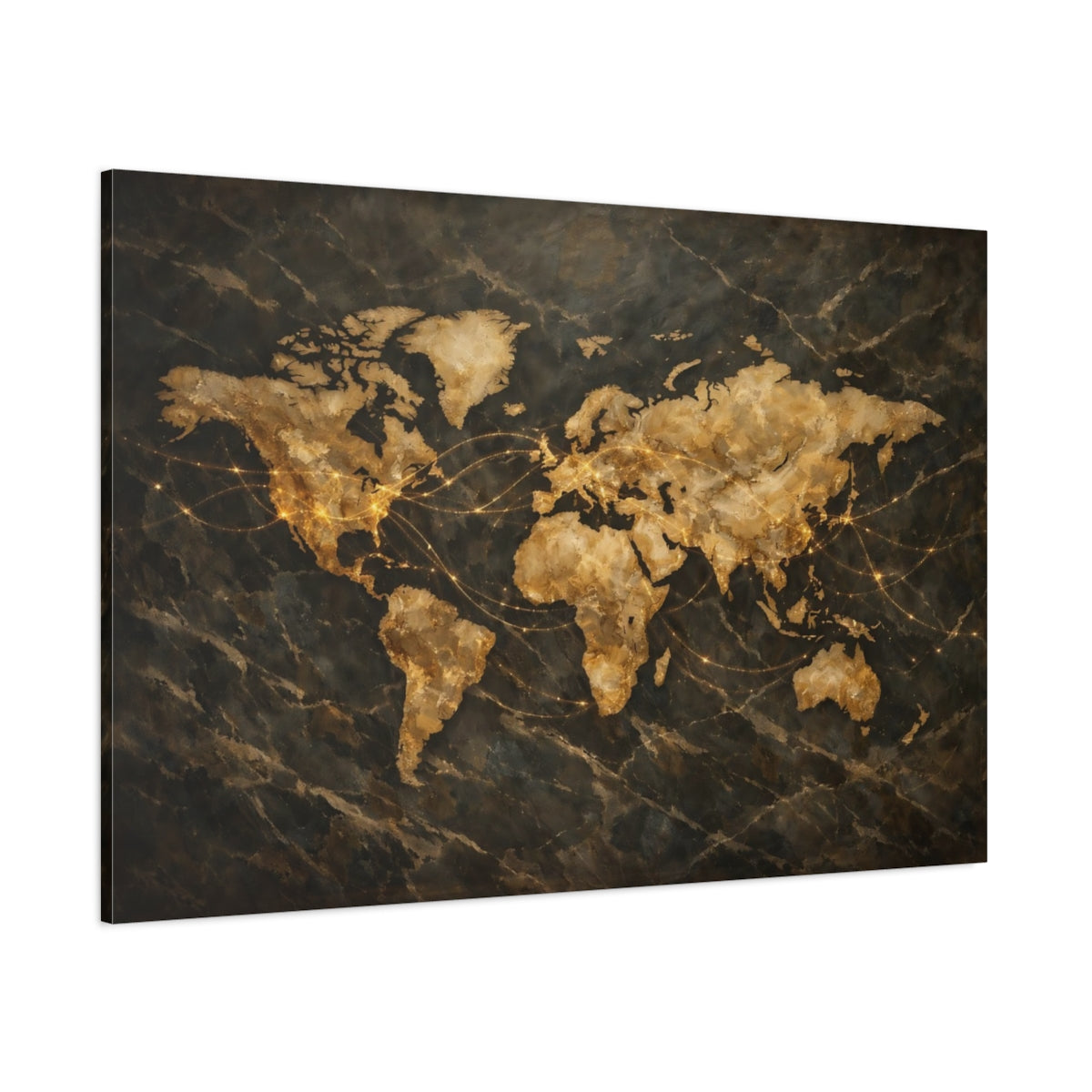 Main Mockup. Maps World Map Gold And Black Map shown as stretched canvas wall art