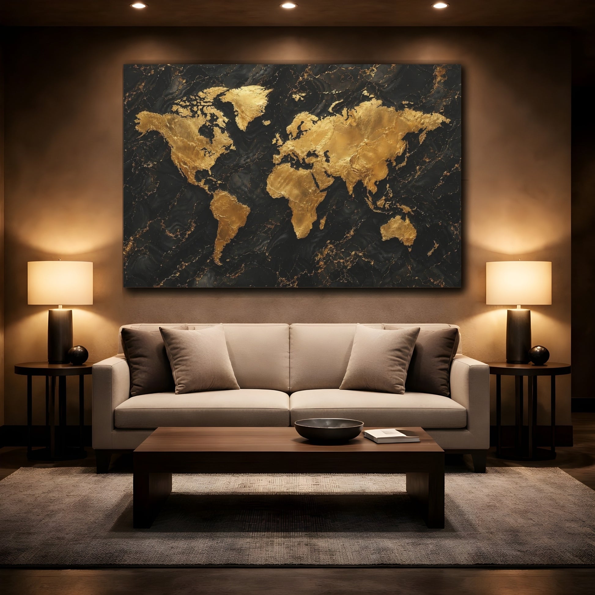 Mockup 2. Maps World Map Gold And Black Map shown as stretched canvas wall art