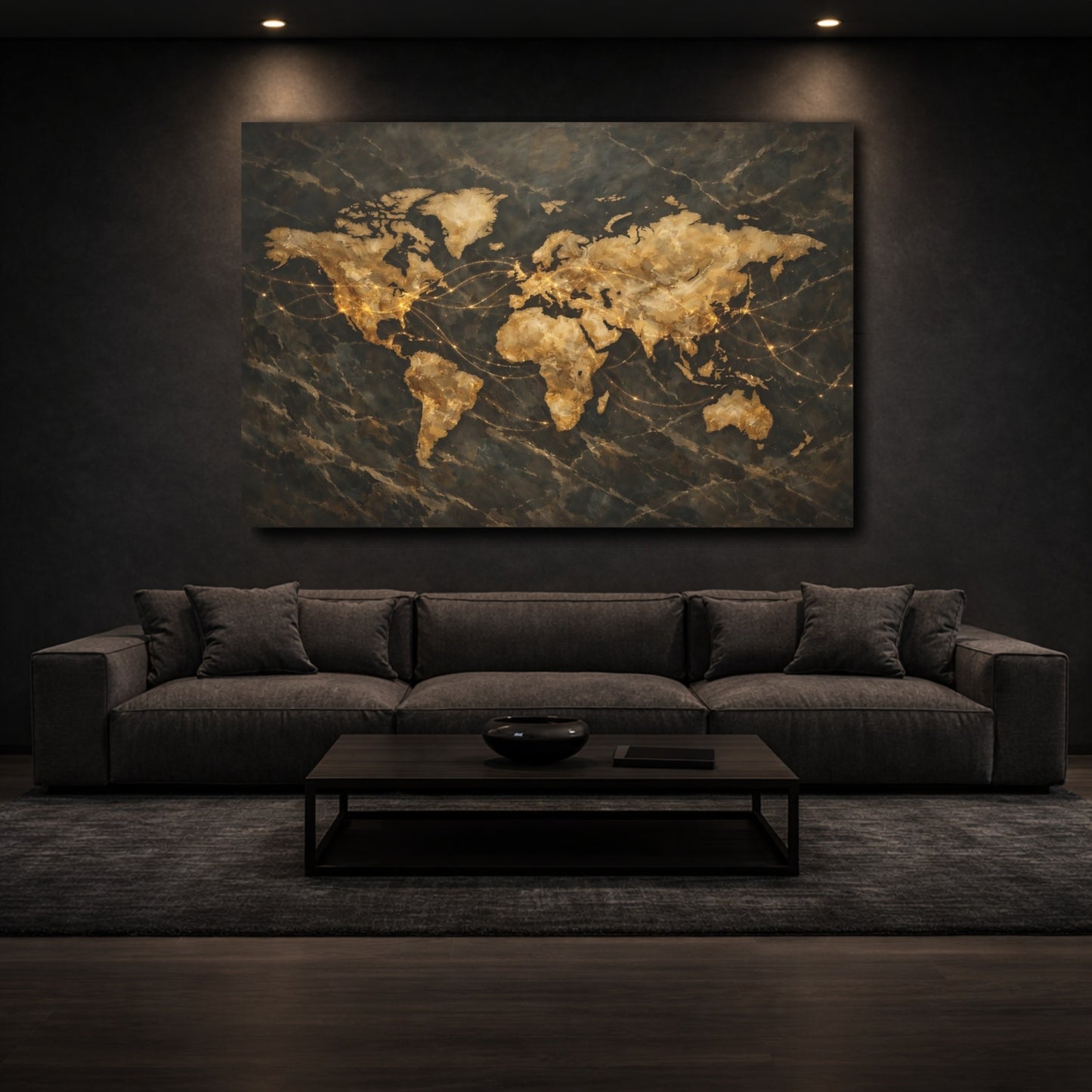 Mockup 2. Maps World Map Gold And Black Map shown as stretched canvas wall art