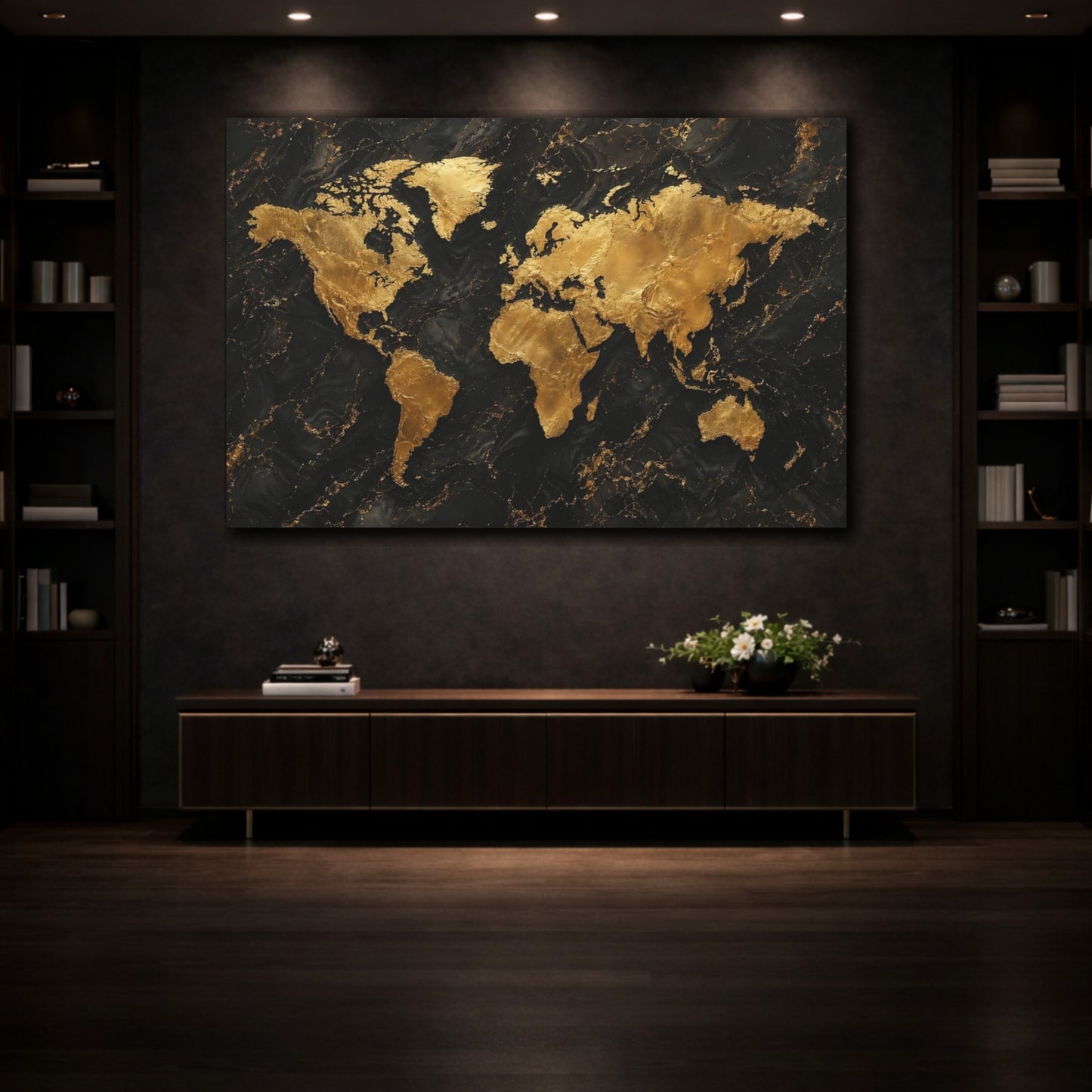 Mockup 3. Maps World Map Gold And Black Map shown as stretched canvas wall art