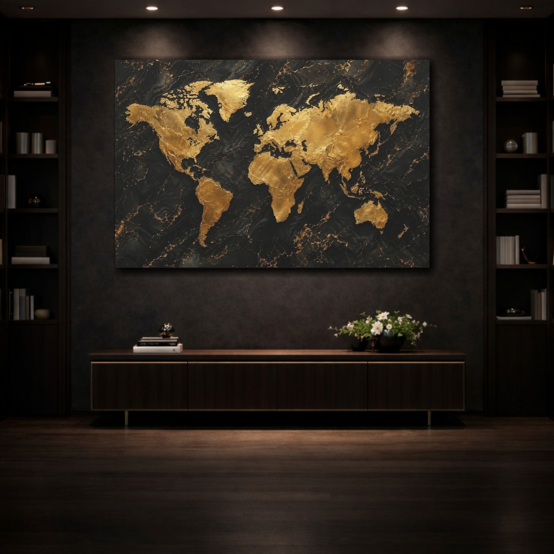 Mockup 3. Maps World Map Gold And Black Map shown as stretched canvas wall art