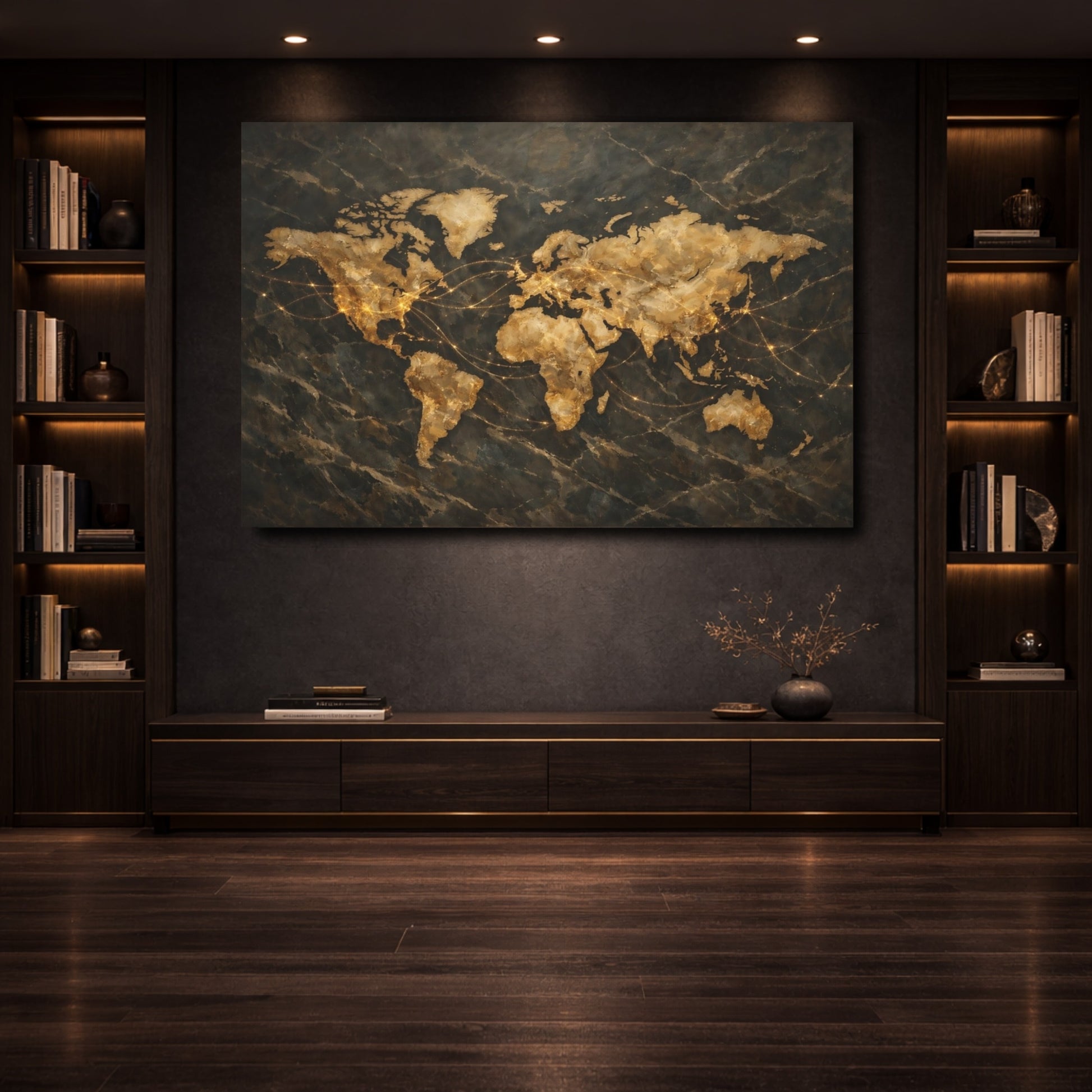 Mockup 3. Maps World Map Gold And Black Map shown as stretched canvas wall art