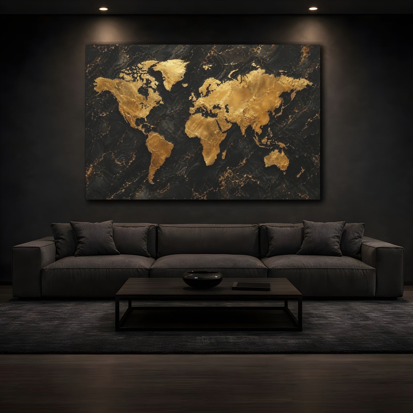 Mockup 4. Maps World Map Gold And Black Map shown as stretched canvas wall art