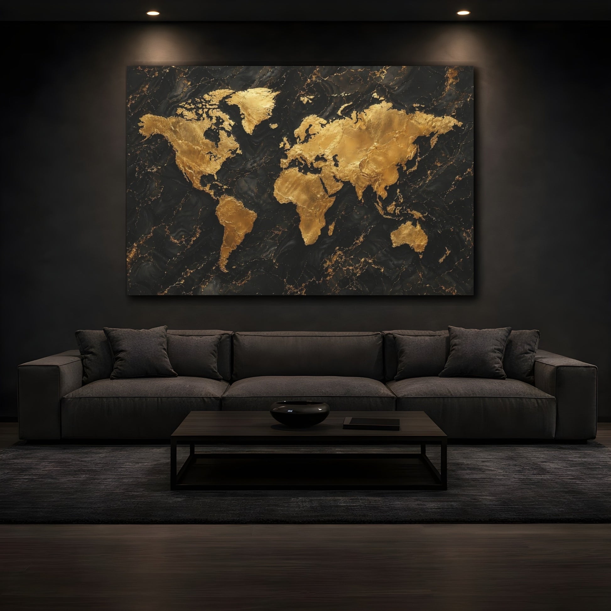 Mockup 4. Maps World Map Gold And Black Map shown as stretched canvas wall art