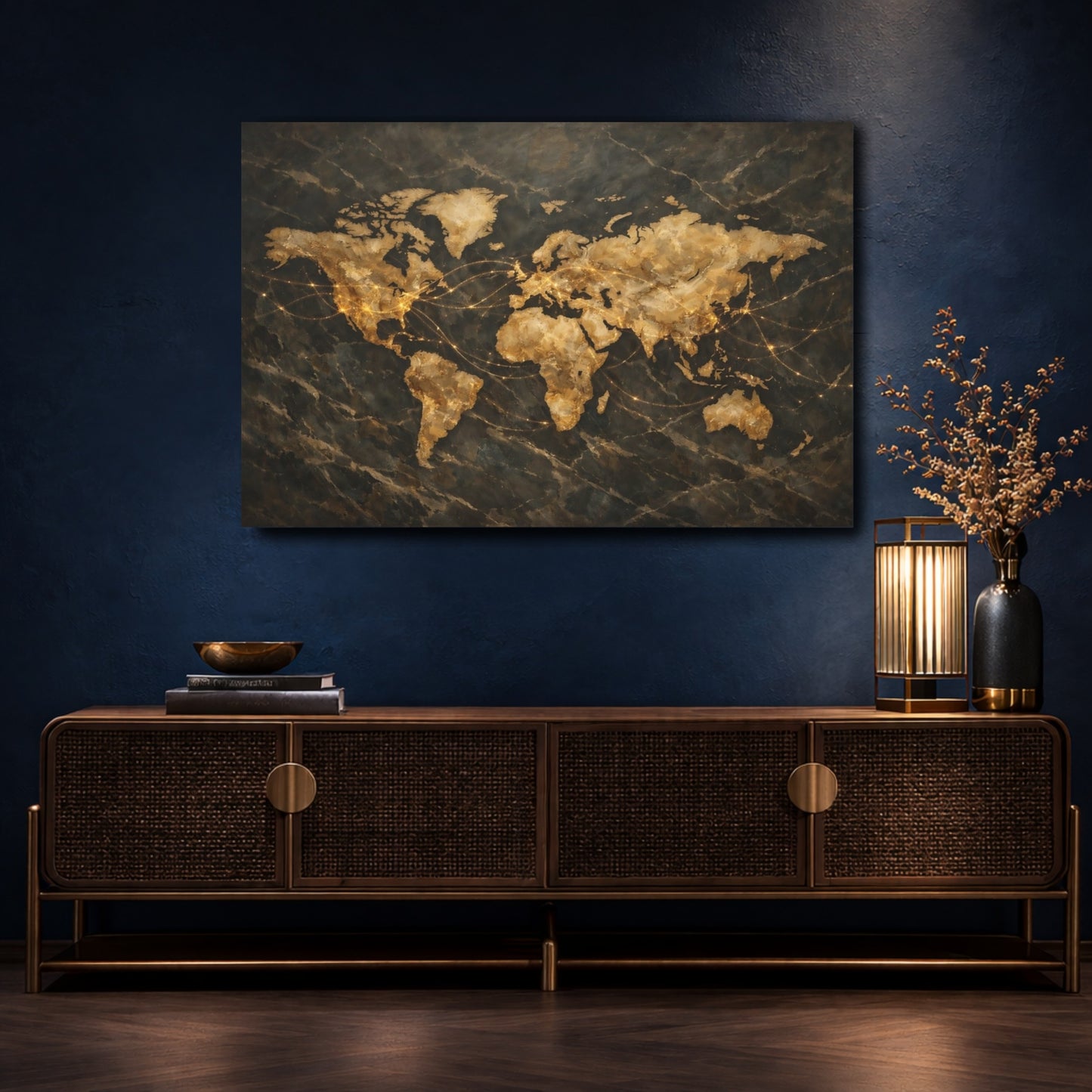 Mockup 4. Maps World Map Gold And Black Map shown as stretched canvas wall art