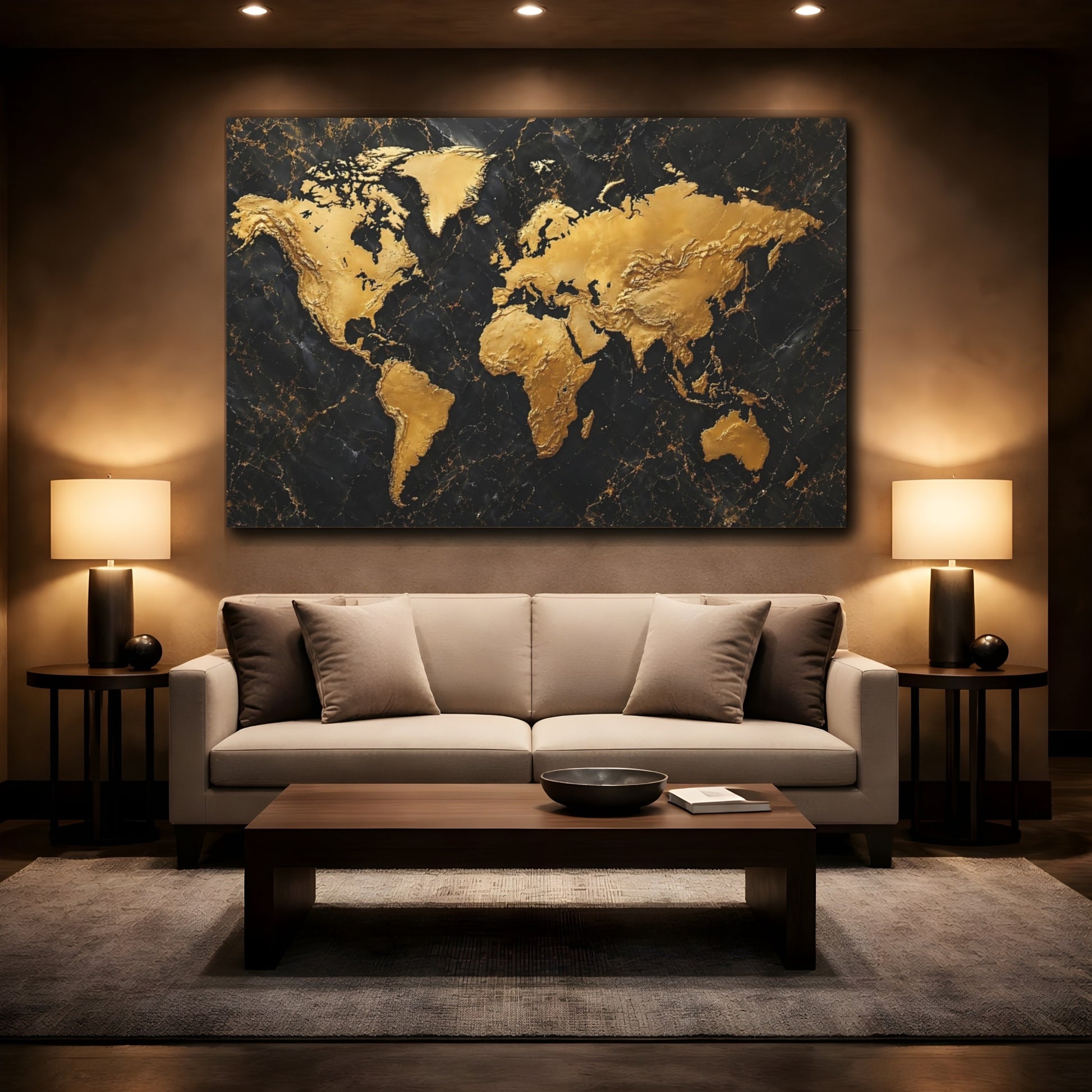 Mockup 2. Maps World Map Gold And Black shown as stretched canvas wall art