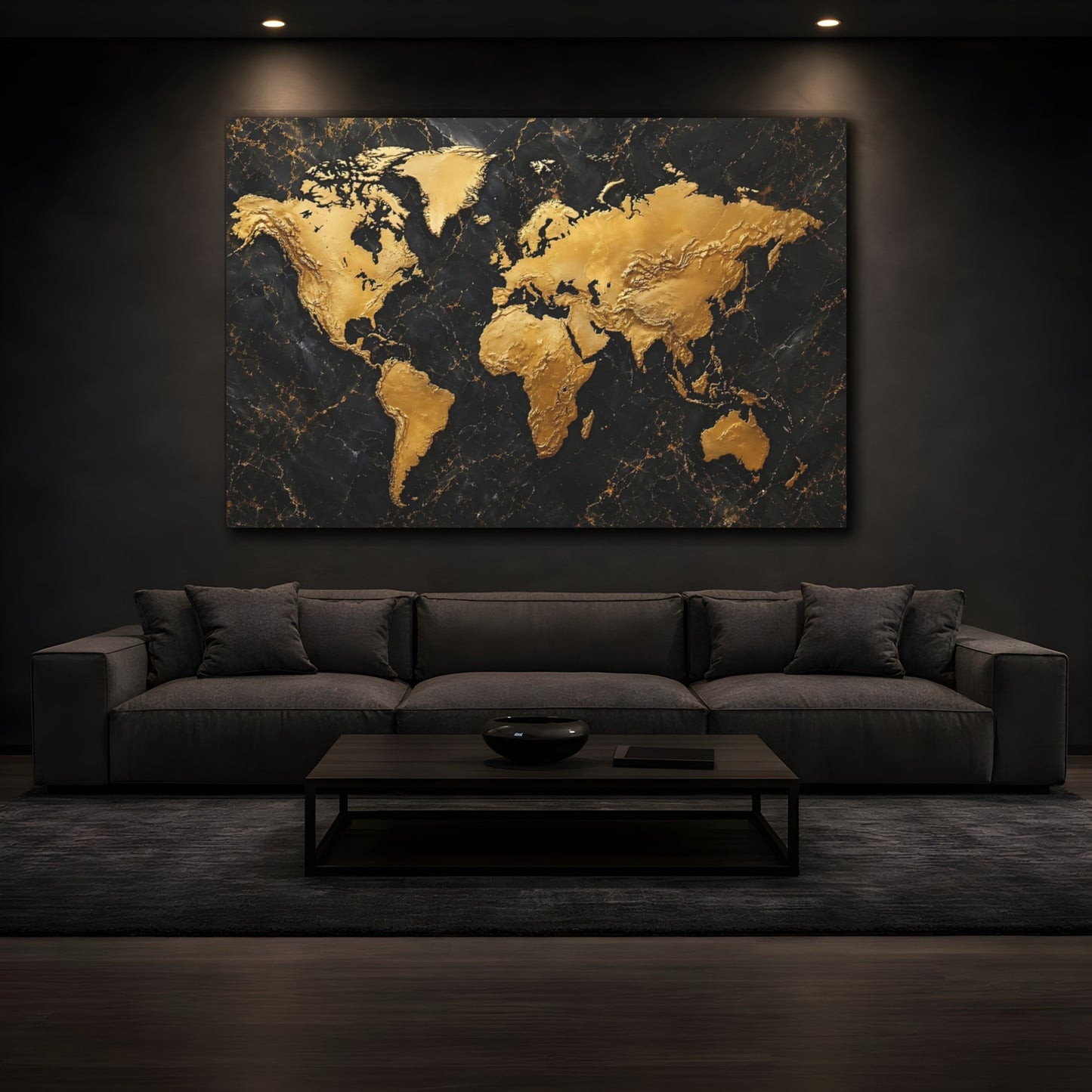 Mockup 3. Maps World Map Gold And Black shown as stretched canvas wall art