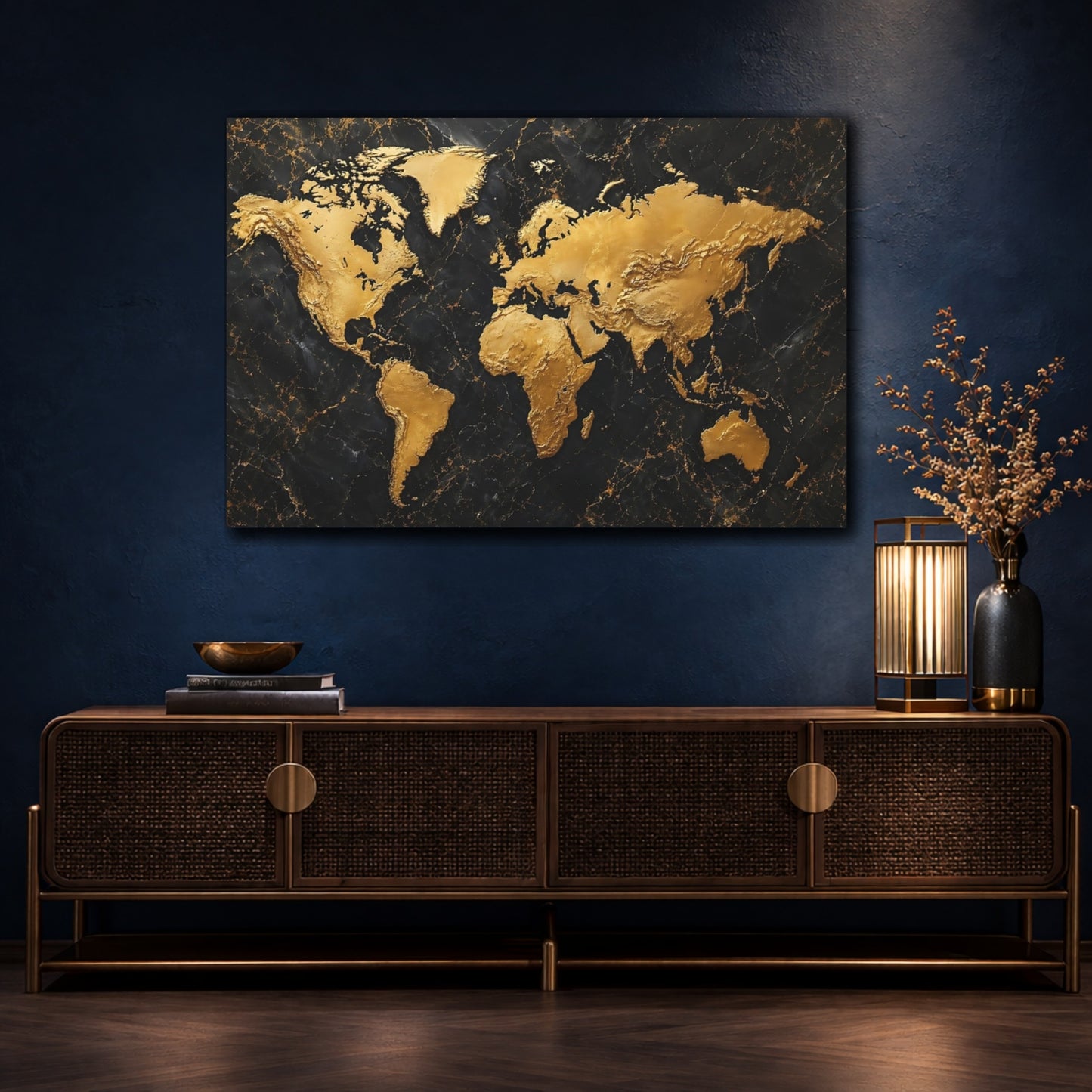 Mockup 4. Maps World Map Gold And Black shown as stretched canvas wall art