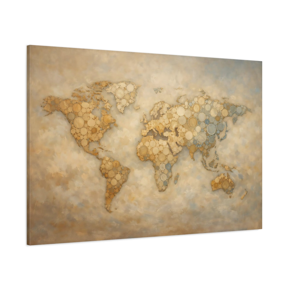 Main Mockup. Maps World Map Gold And Blue shown as stretched canvas wall art