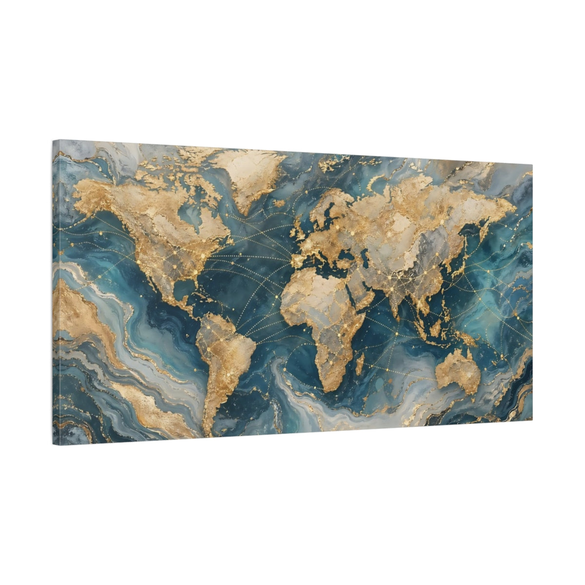 Main Mockup. Maps World Map Gold And Blue Map shown as stretched canvas wall art
