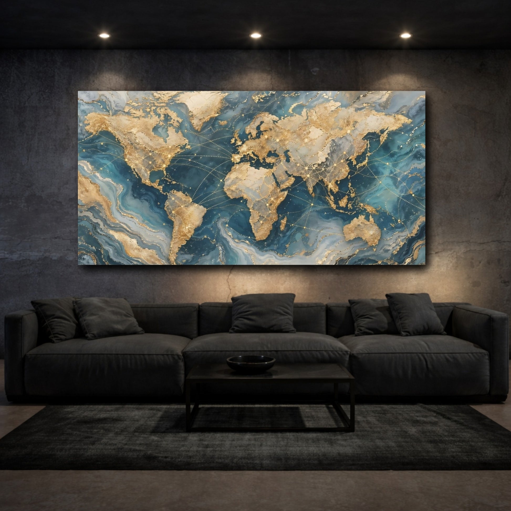 Mockup 2. Maps World Map Gold And Blue Map shown as stretched canvas wall art