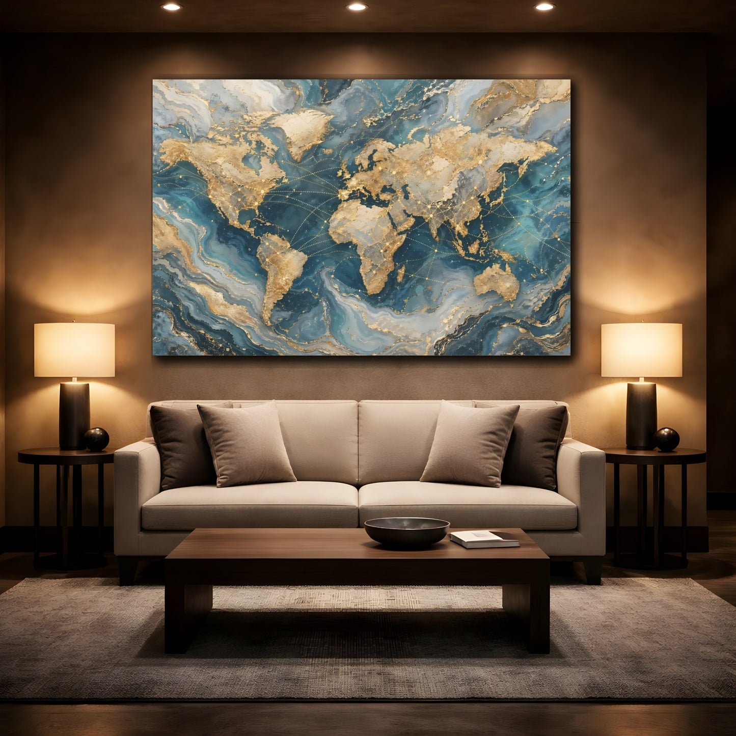 Mockup 2. Maps World Map Gold And Blue Map shown as stretched canvas wall art
