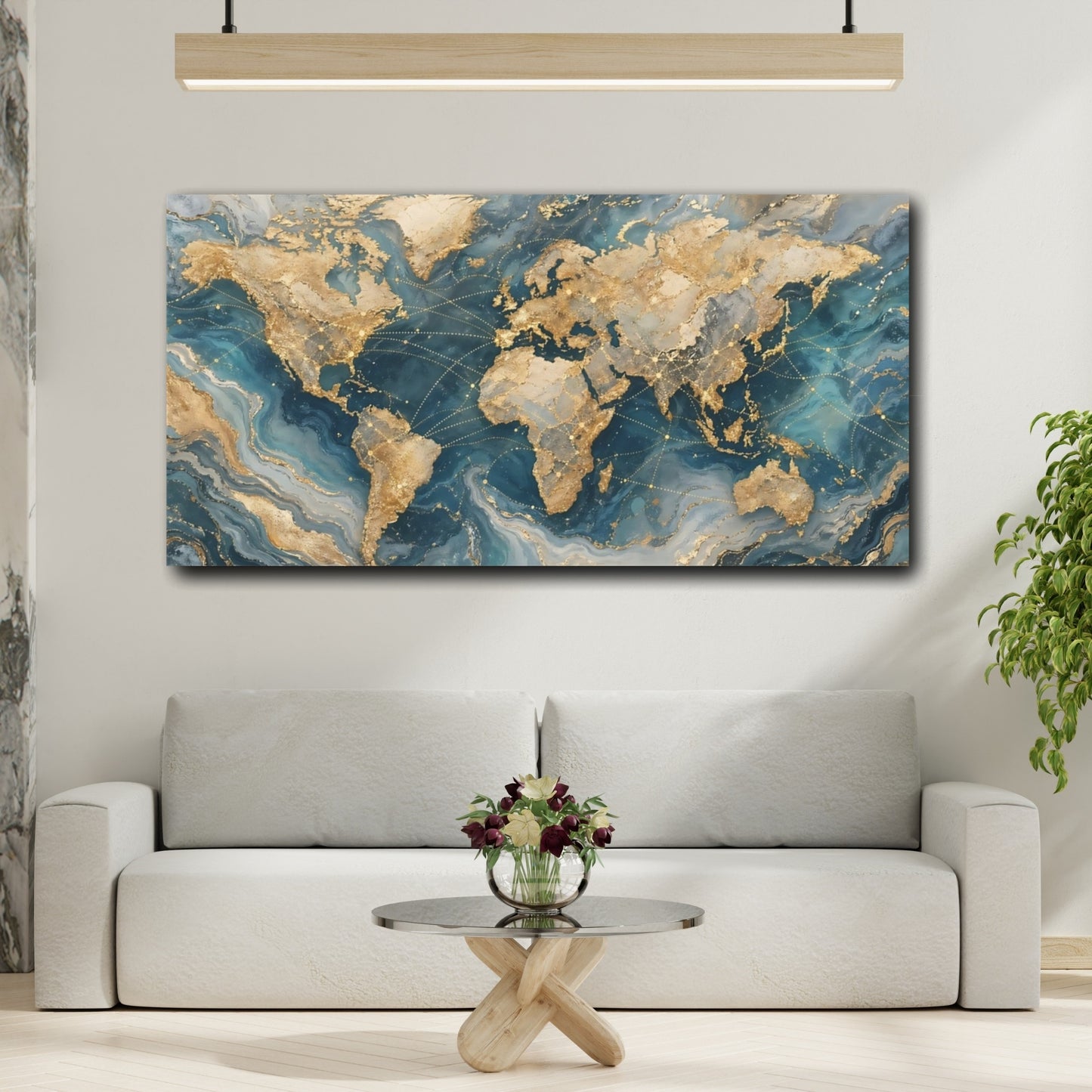 Mockup 3. Maps World Map Gold And Blue Map shown as stretched canvas wall art