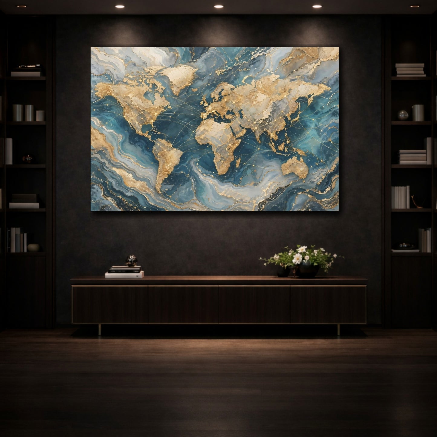 Mockup 3. Maps World Map Gold And Blue Map shown as stretched canvas wall art