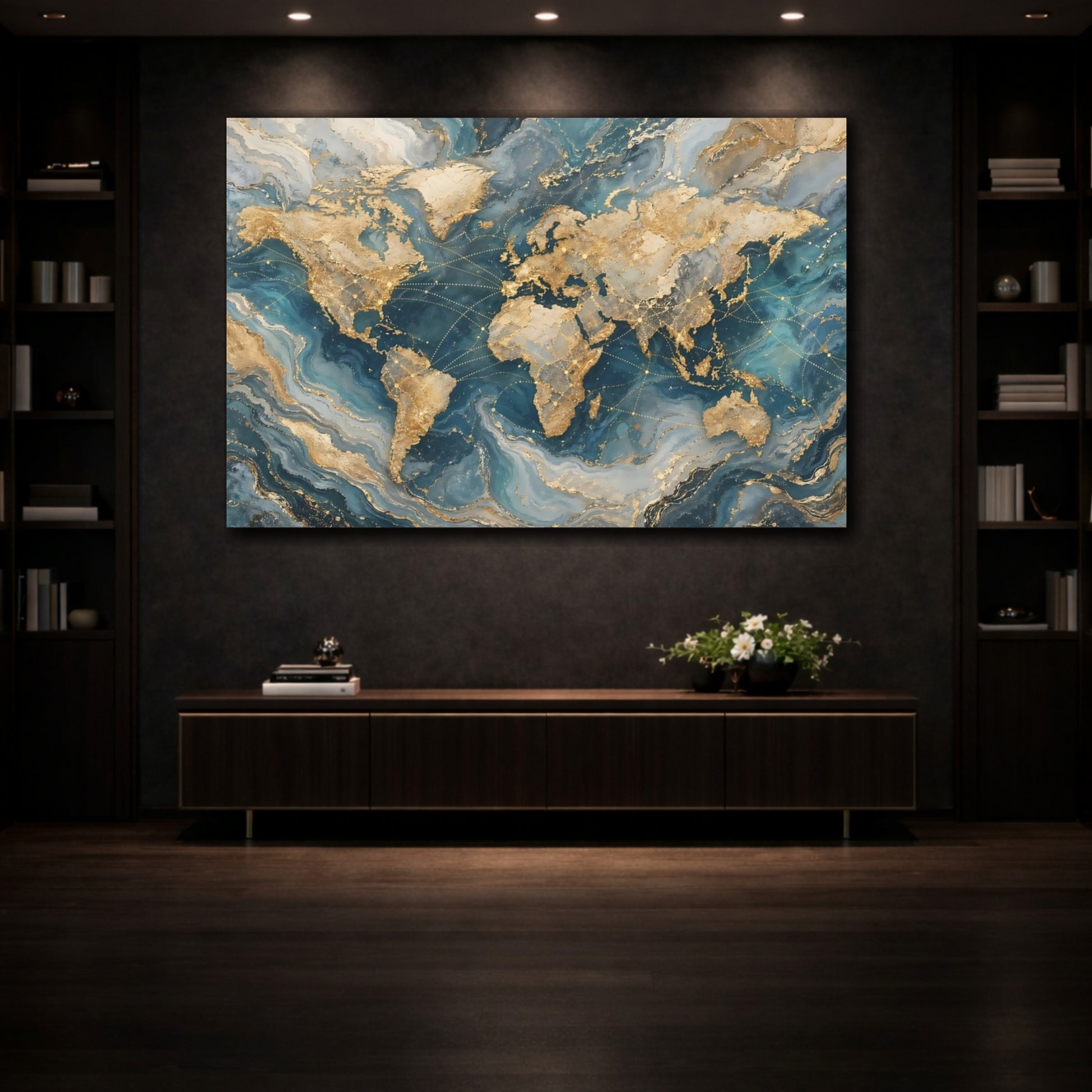 Mockup 3. Maps World Map Gold And Blue Map shown as stretched canvas wall art