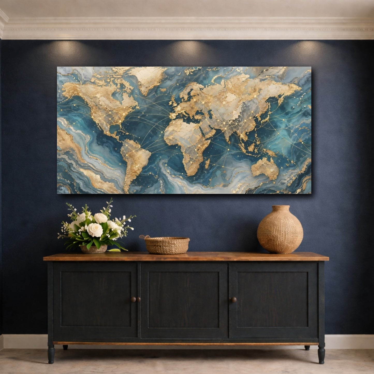 Mockup 4. Maps World Map Gold And Blue Map shown as stretched canvas wall art