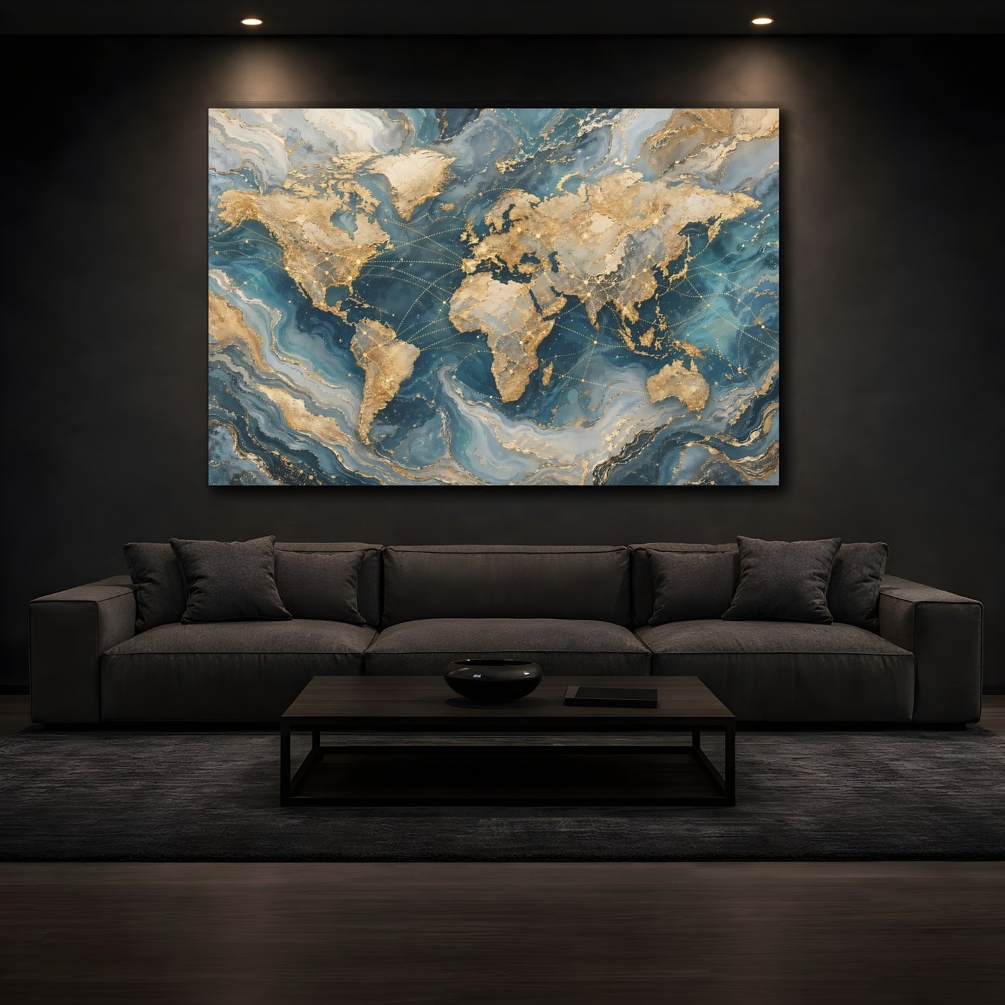 Mockup 4. Maps World Map Gold And Blue Map shown as stretched canvas wall art