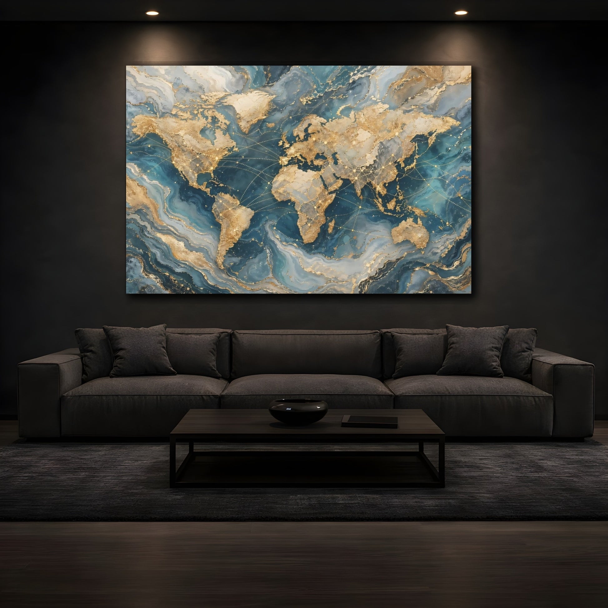 Mockup 4. Maps World Map Gold And Blue Map shown as stretched canvas wall art