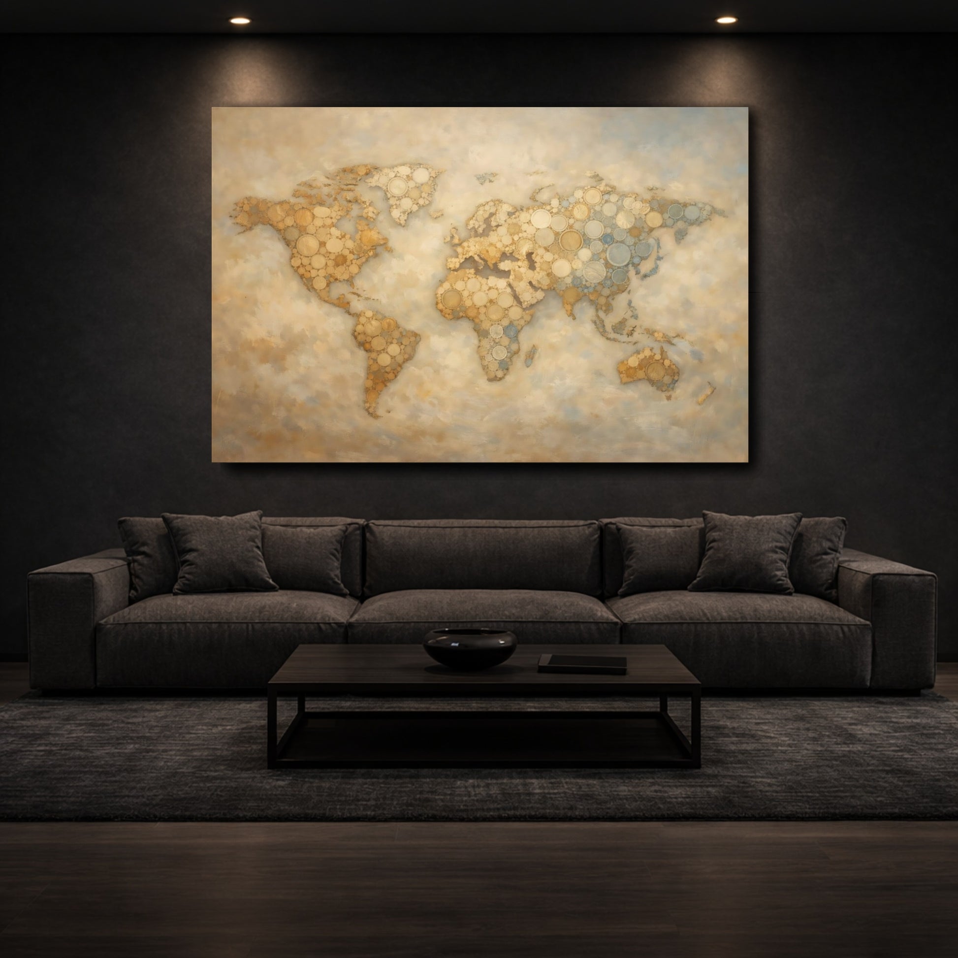 Mockup 2. Maps World Map Gold And Blue shown as stretched canvas wall art