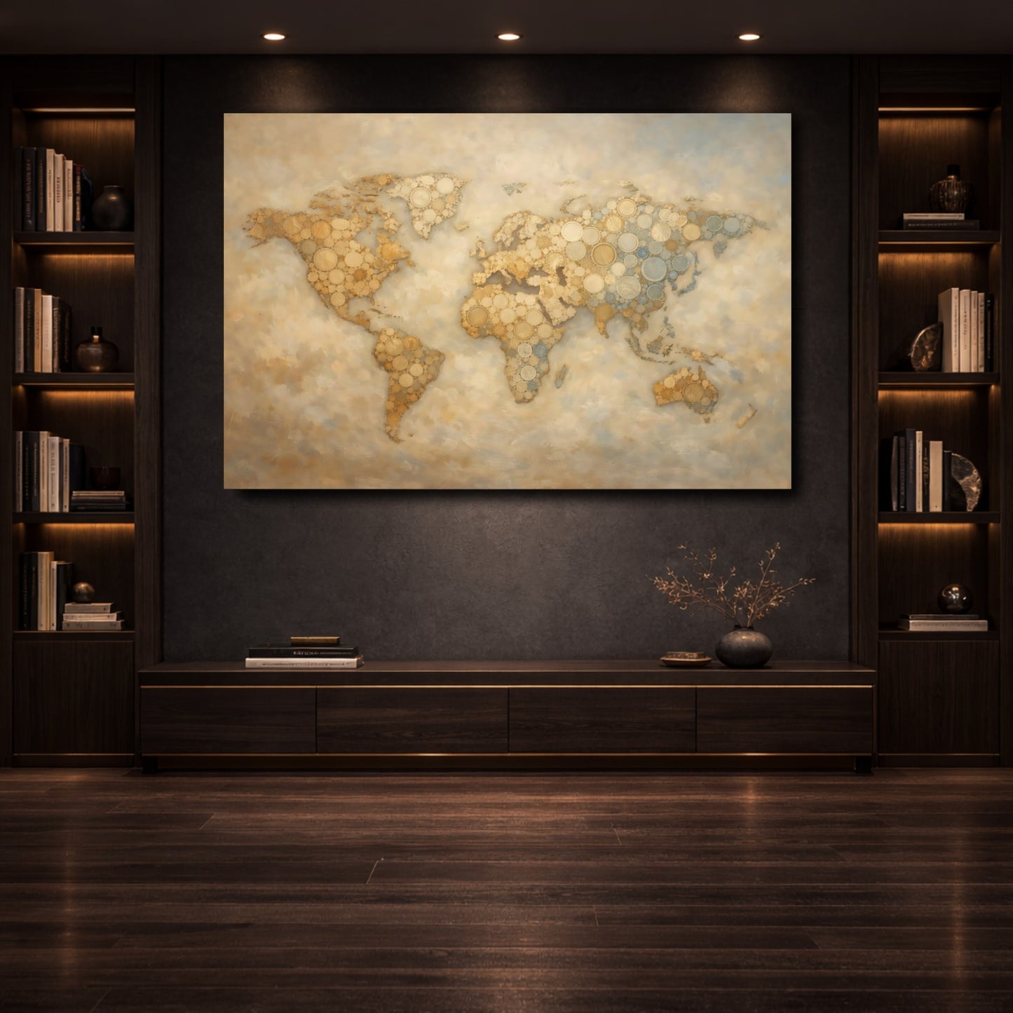 Mockup 3. Maps World Map Gold And Blue shown as stretched canvas wall art