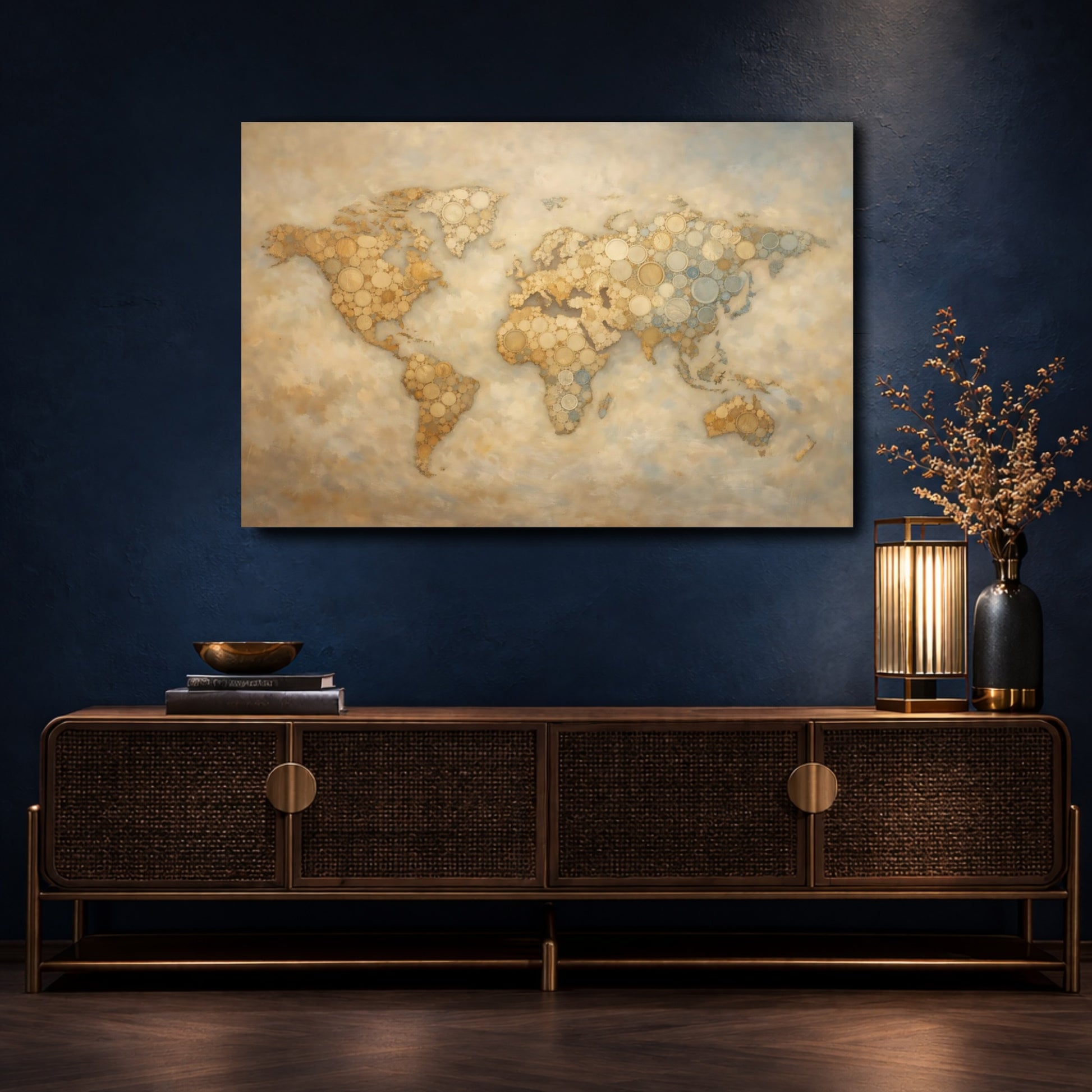 Mockup 4. Maps World Map Gold And Blue shown as stretched canvas wall art