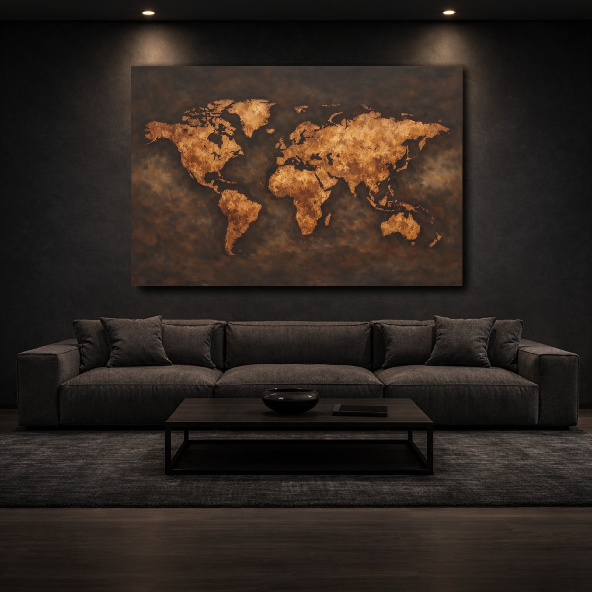 Mockup 2. Maps World Map Gold And Brown Map shown as stretched canvas wall art