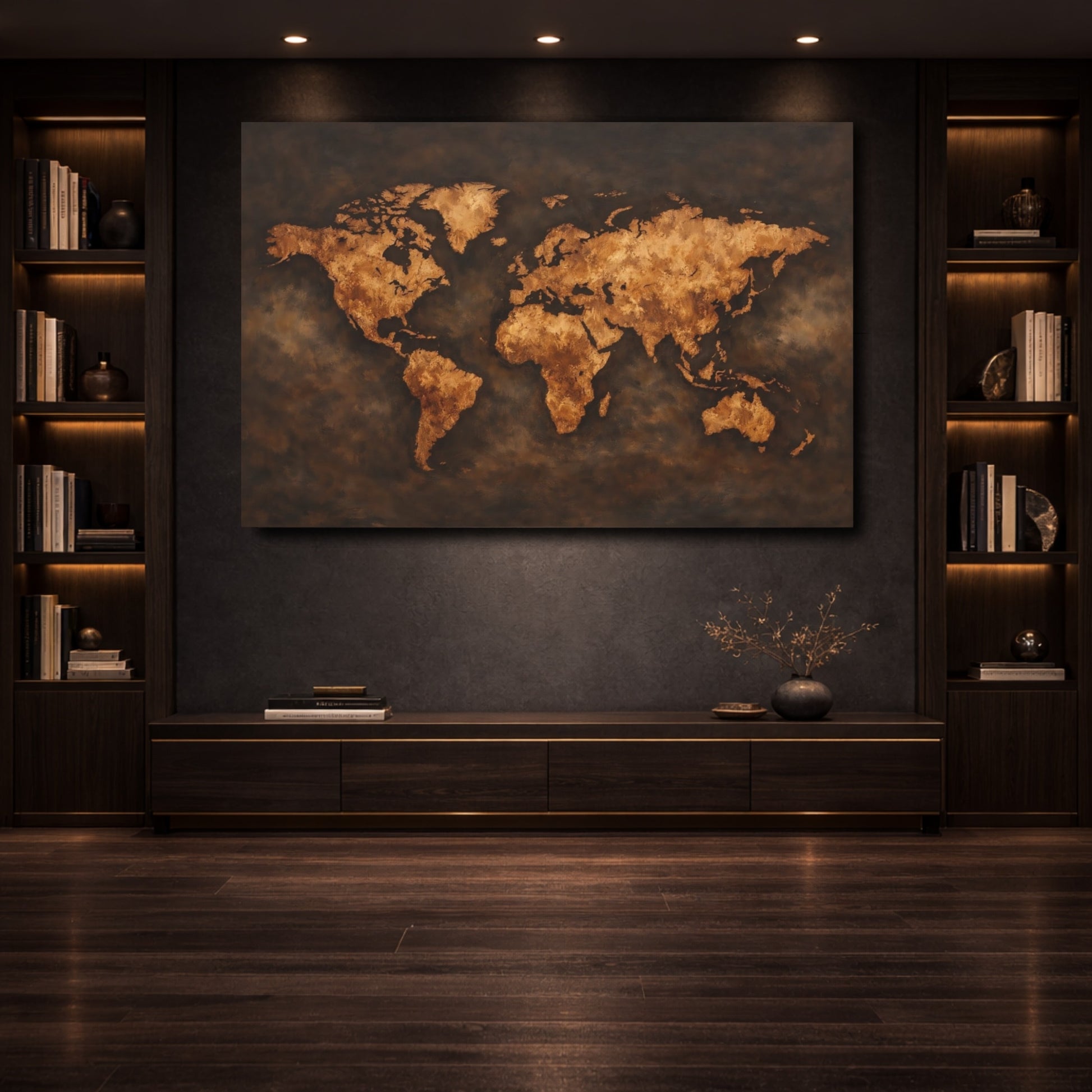 Mockup 3. Maps World Map Gold And Brown Map shown as stretched canvas wall art