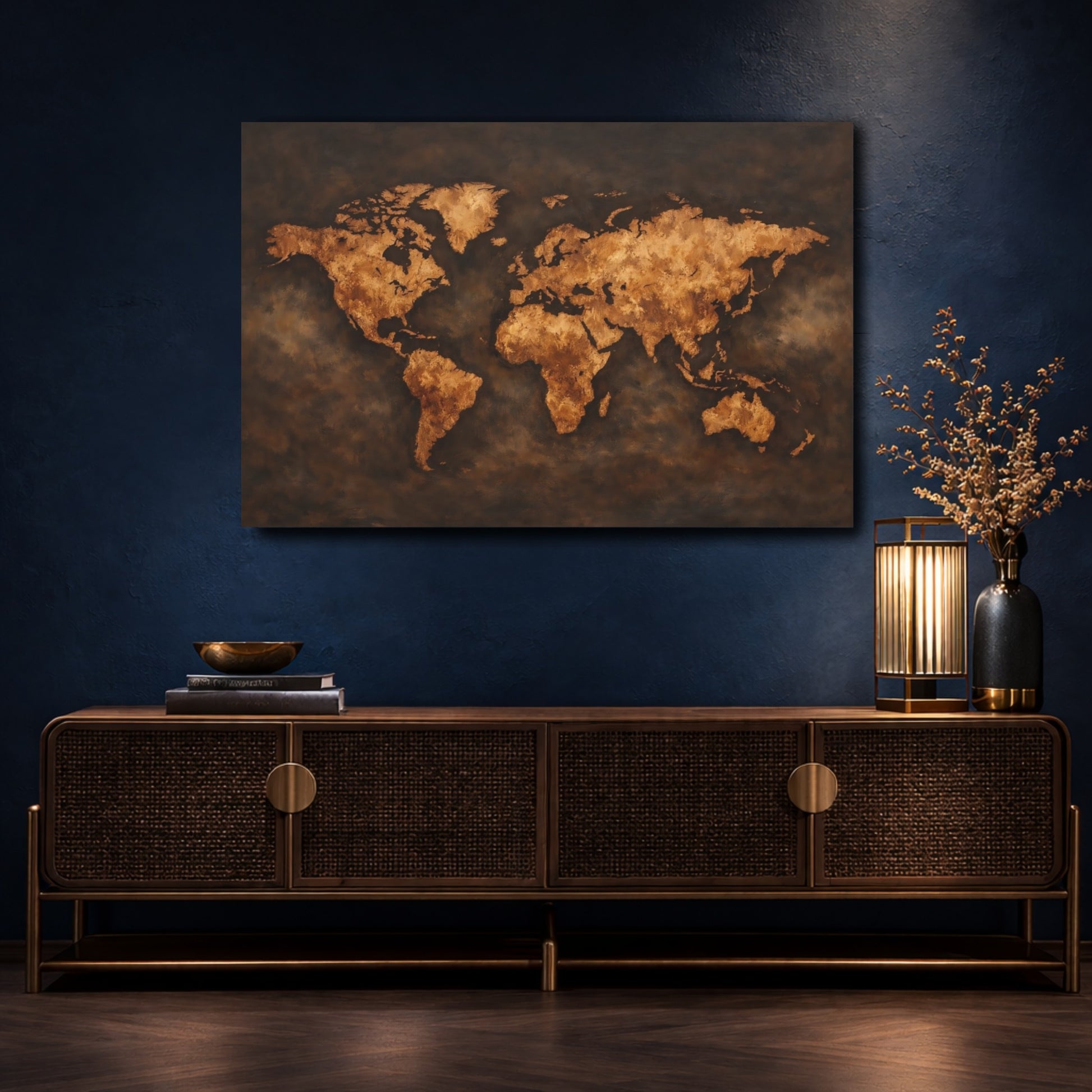 Mockup 4. Maps World Map Gold And Brown Map shown as stretched canvas wall art