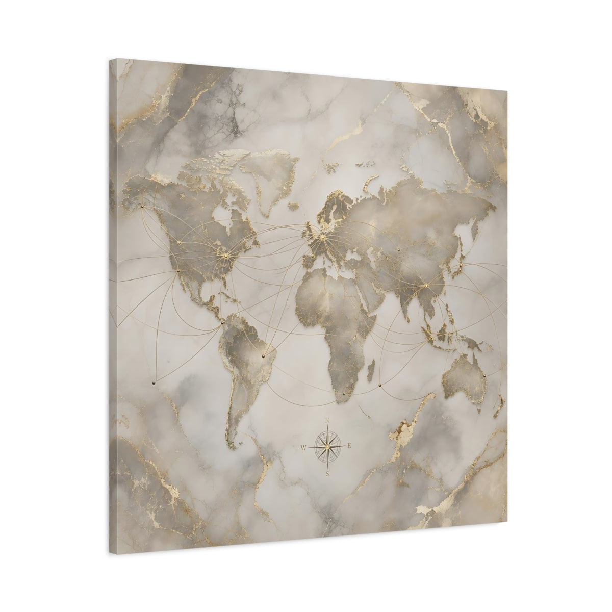 Main Mockup. Maps World Map Gold And Grey shown as stretched canvas wall art