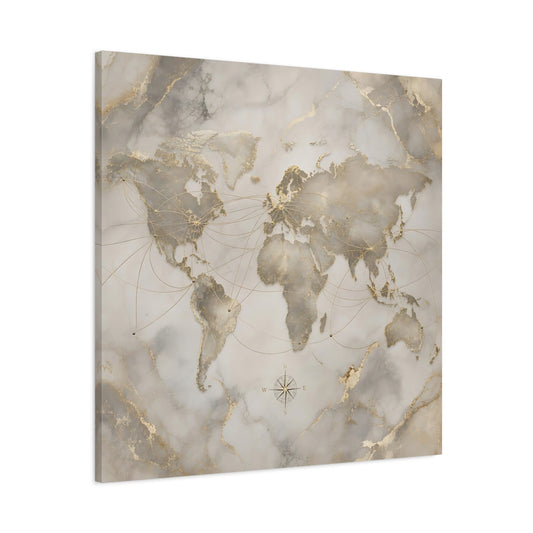 Main Mockup. Maps World Map Gold And Grey shown as stretched canvas wall art