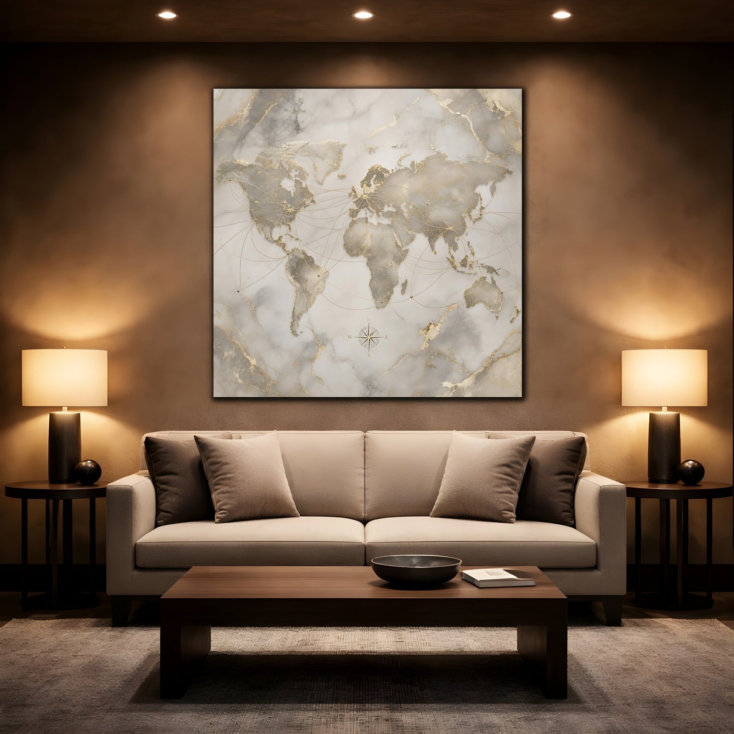 Mockup 2. Maps World Map Gold And Grey shown as stretched canvas wall art