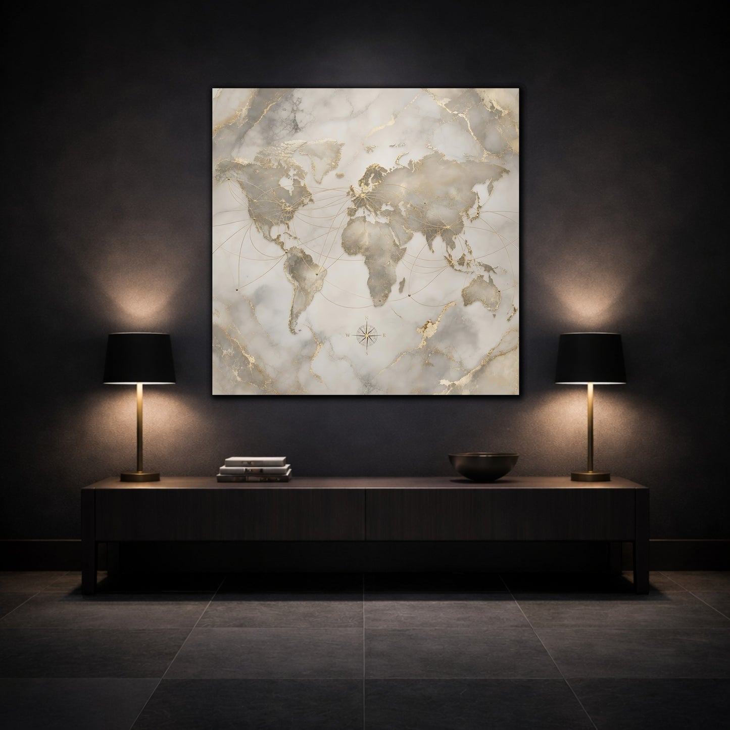 Mockup 3. Maps World Map Gold And Grey shown as stretched canvas wall art