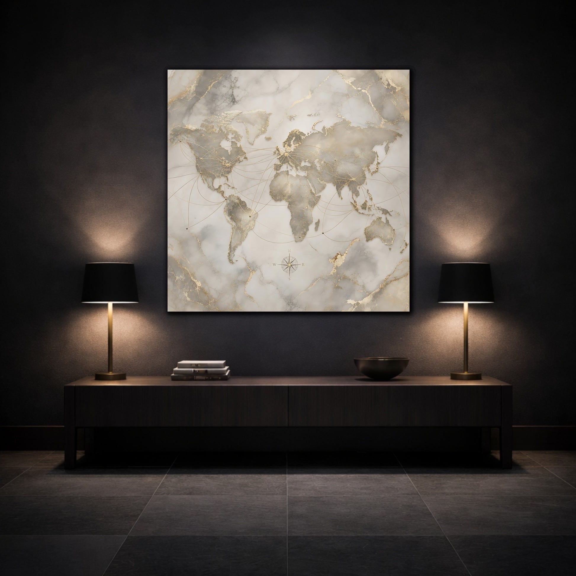 Mockup 3. Maps World Map Gold And Grey shown as stretched canvas wall art