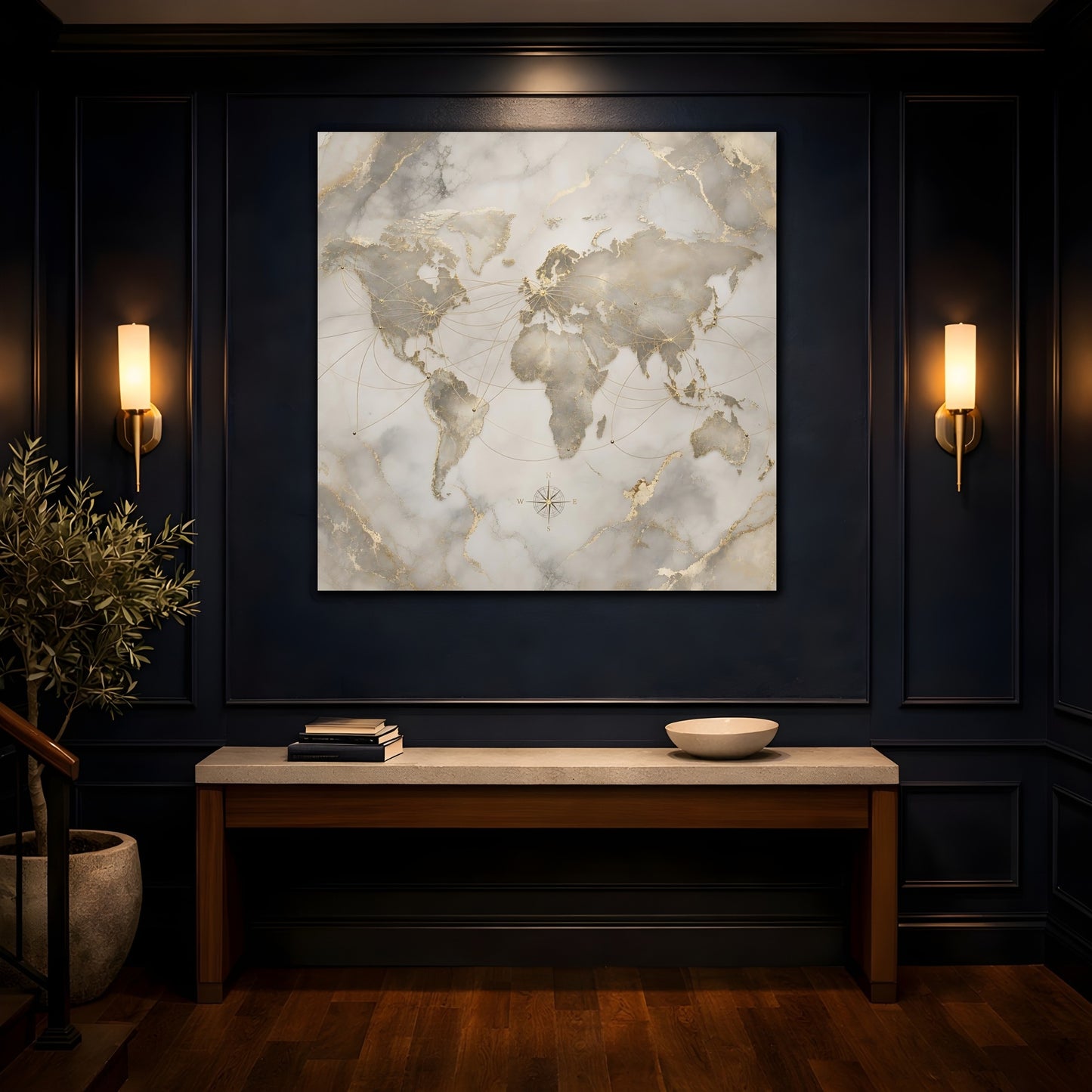 Mockup 4. Maps World Map Gold And Grey shown as stretched canvas wall art