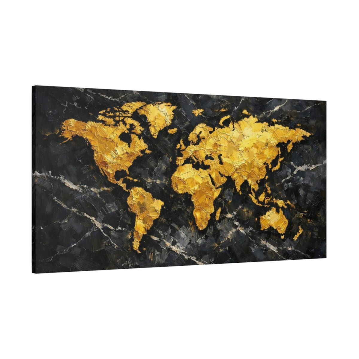 Main Mockup. Maps World Map Gold Black World Map shown as stretched canvas wall art