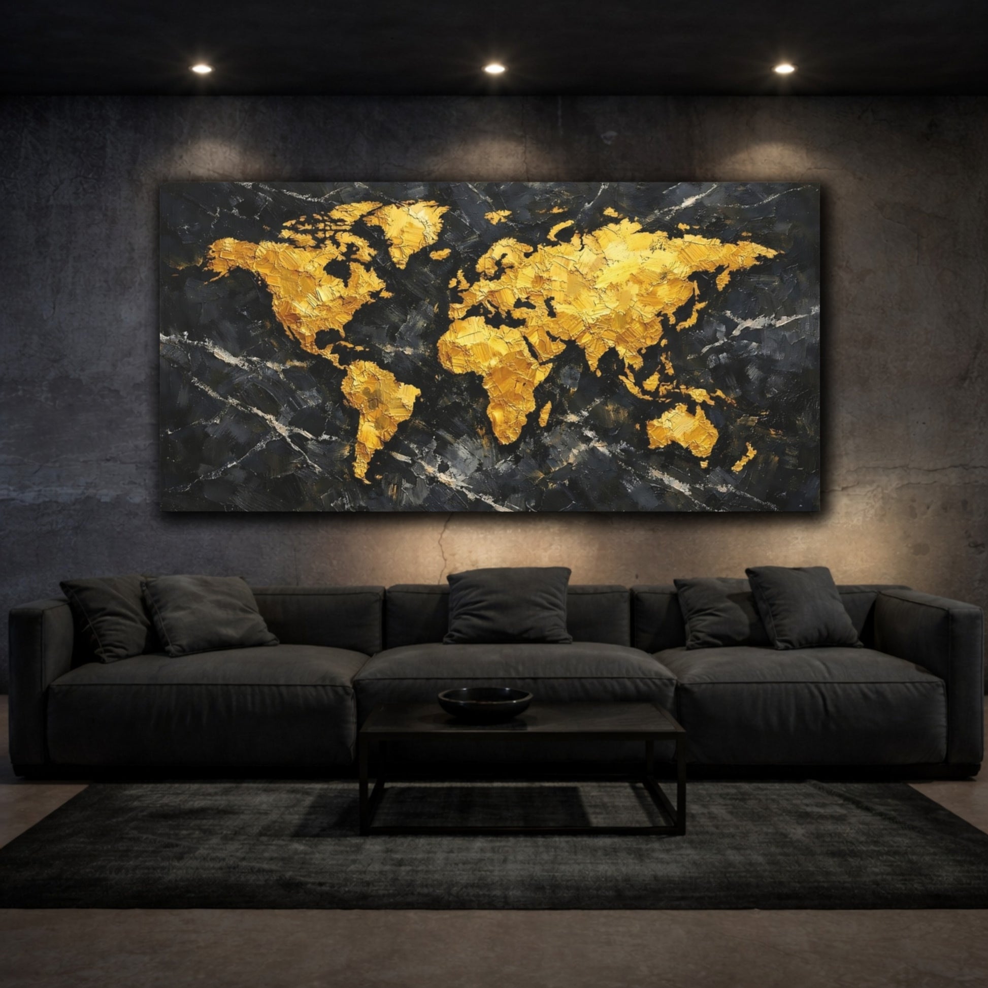 Mockup 2. Maps World Map Gold Black World Map shown as stretched canvas wall art