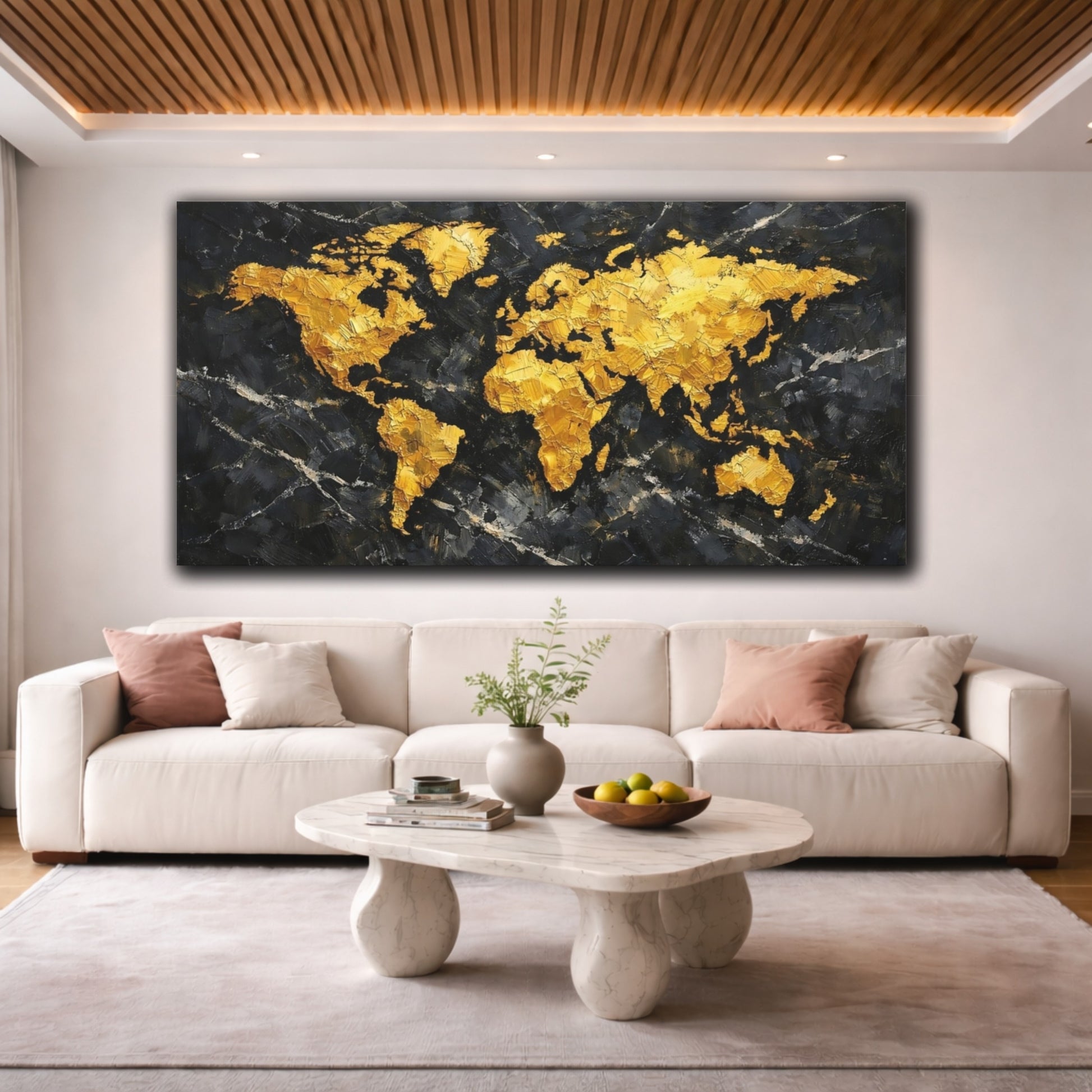 Mockup 3. Maps World Map Gold Black World Map shown as stretched canvas wall art