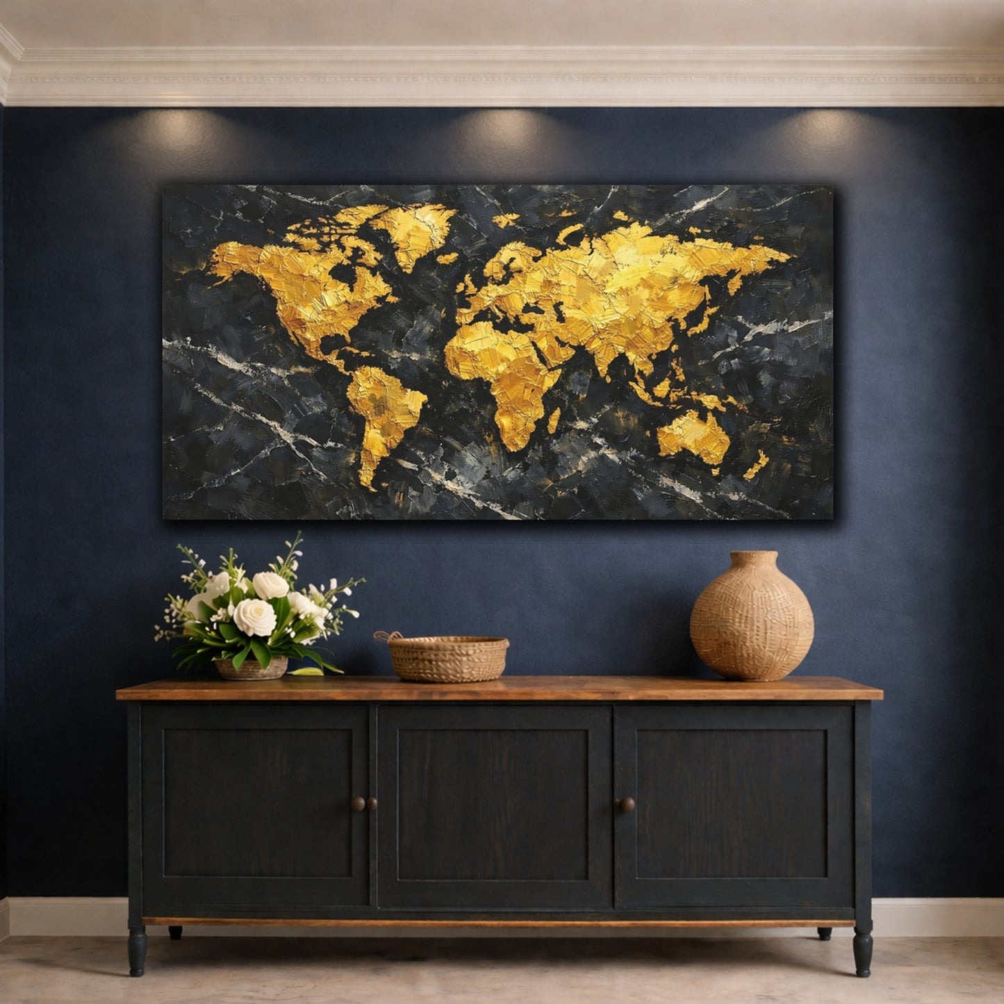 Mockup 4. Maps World Map Gold Black World Map shown as stretched canvas wall art