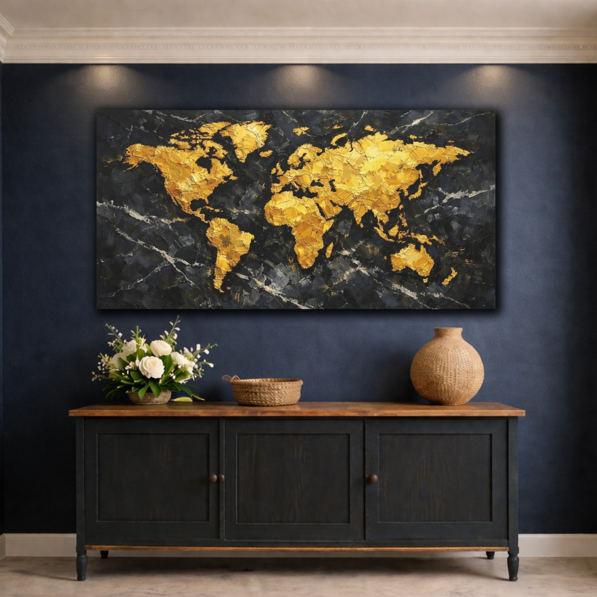 Mockup 4. Maps World Map Gold Black World Map shown as stretched canvas wall art