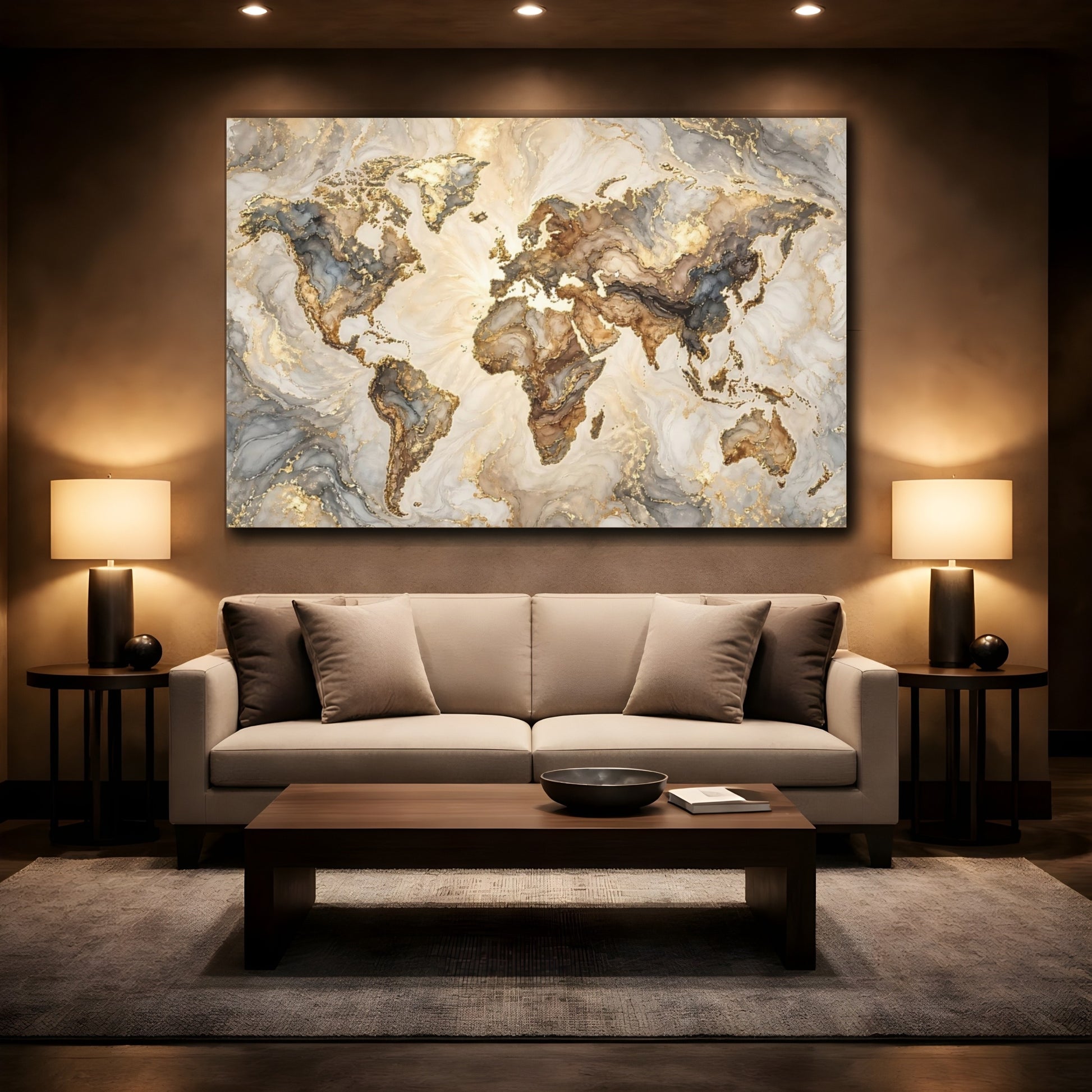 Mockup 2. Maps World Map Gold Marble Abstract shown as stretched canvas wall art